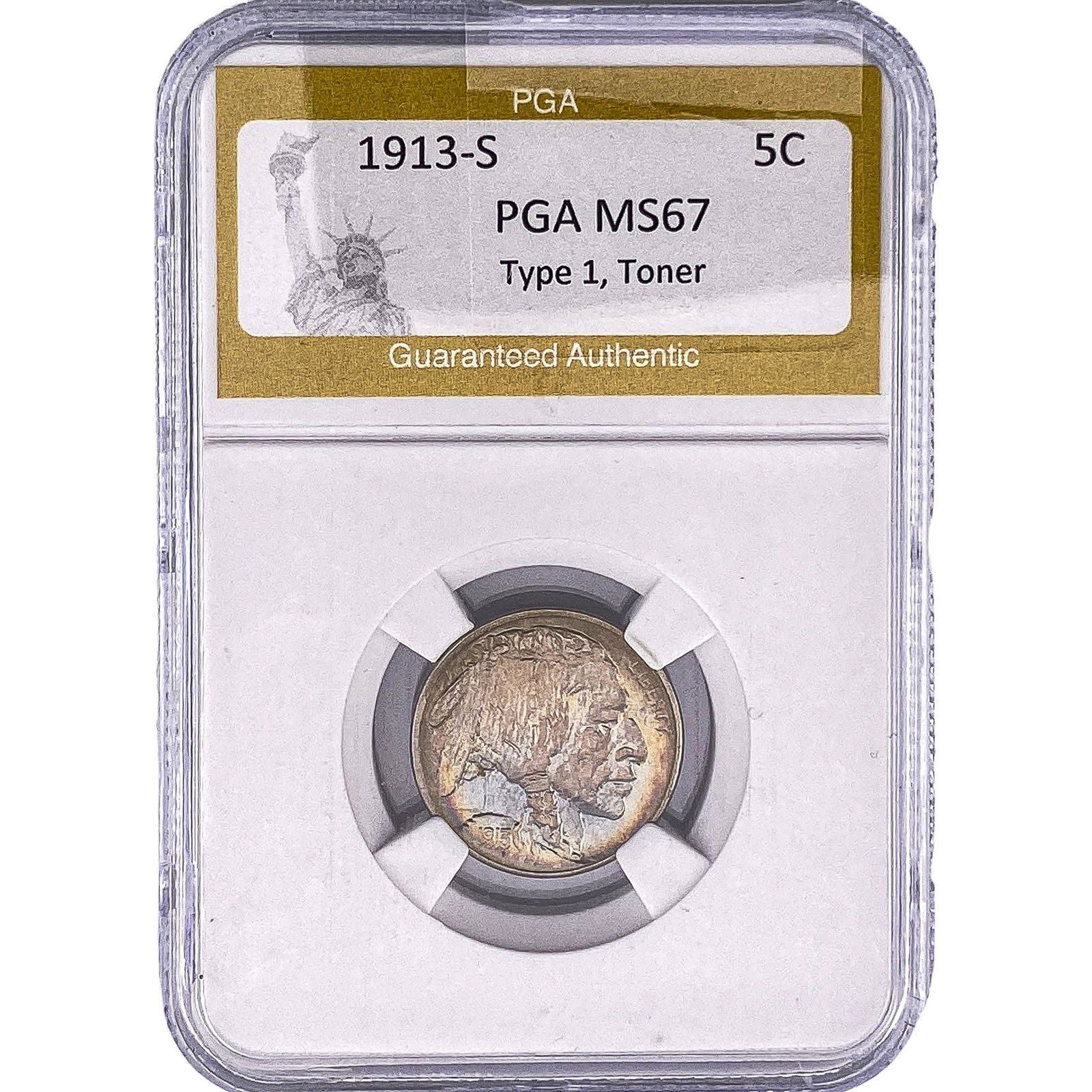 1913-S Buffalo Nickel PGA MS67 Type 1 Toner: 1913-S Buffalo Nickel PGA MS67 Type 1 Toner