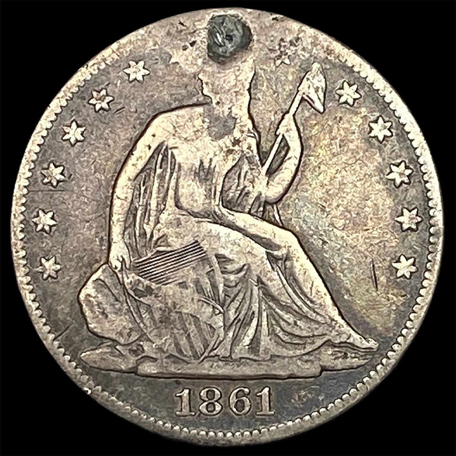 1861 Silver Seated Liberty Half Dollar Plugged NICELY CIRCULATED: 1861 Silver Seated Liberty Half Dollar Plugged NICELY CIRCULATED