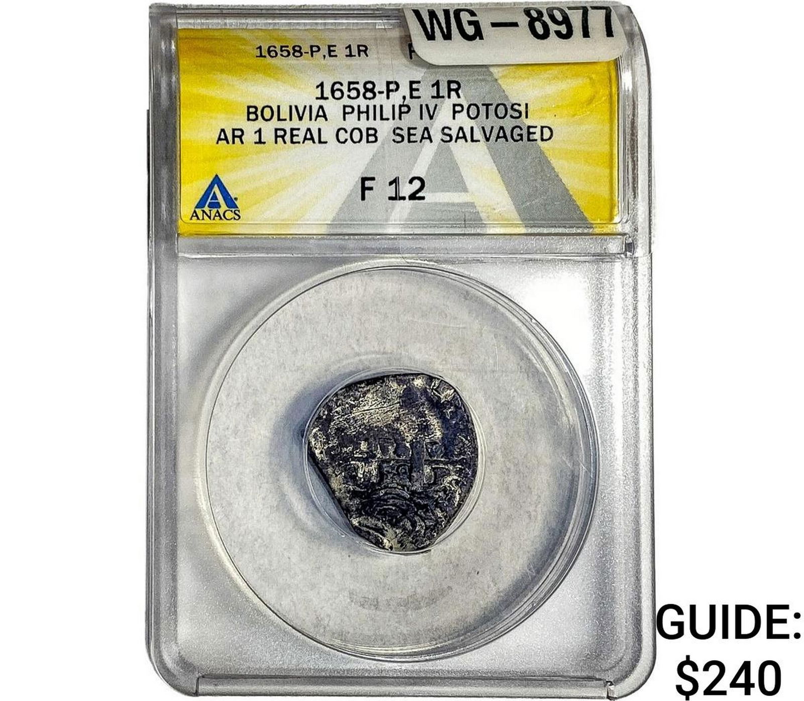 1658-P,E Bolivia Philip IV Silver 1 Real Cob ANACS: 1658-P,E Bolivia Philip IV Silver 1 Real Cob ANACS