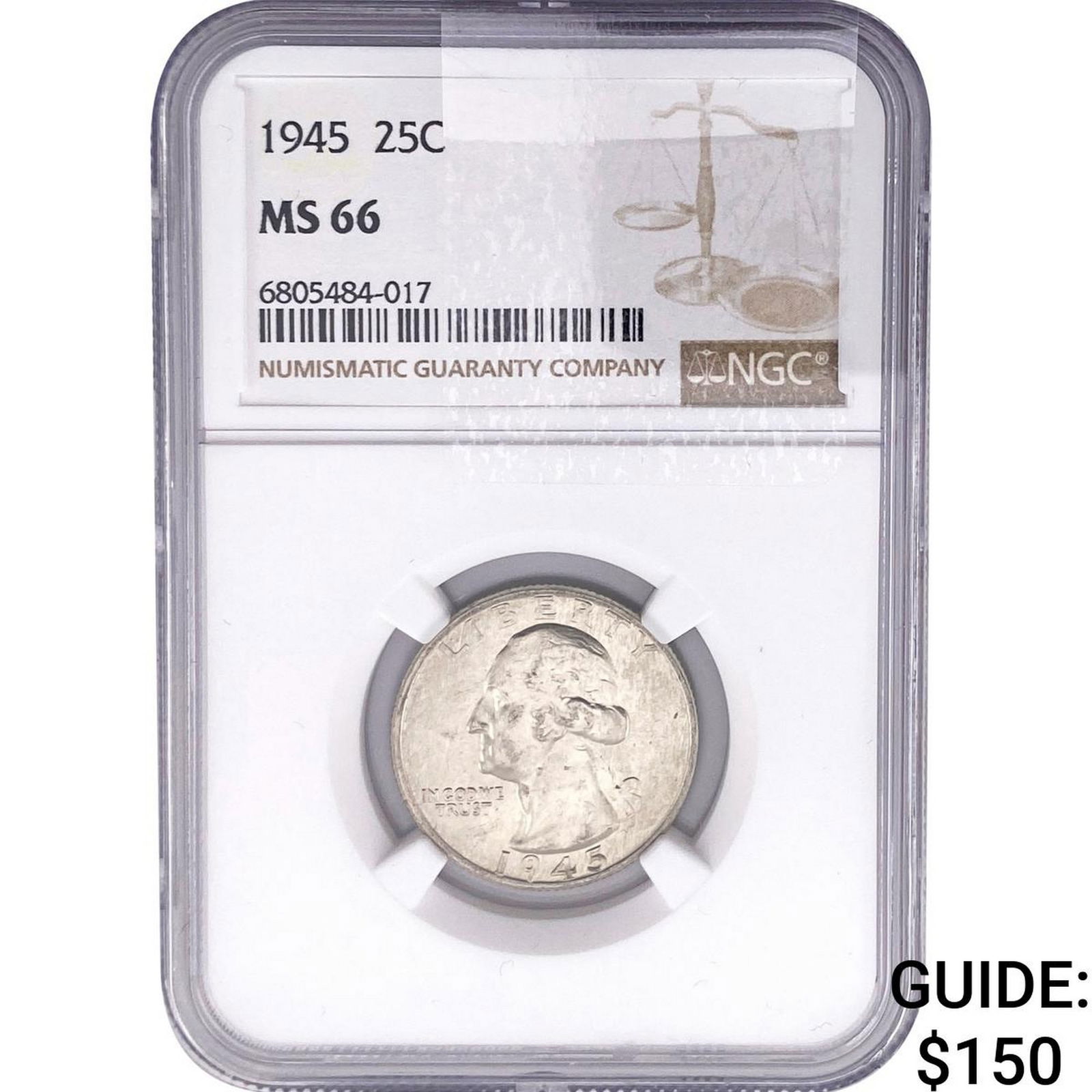1945 Washington Silver Quarter NGC MS66: 1945 Washington Silver Quarter NGC MS66
