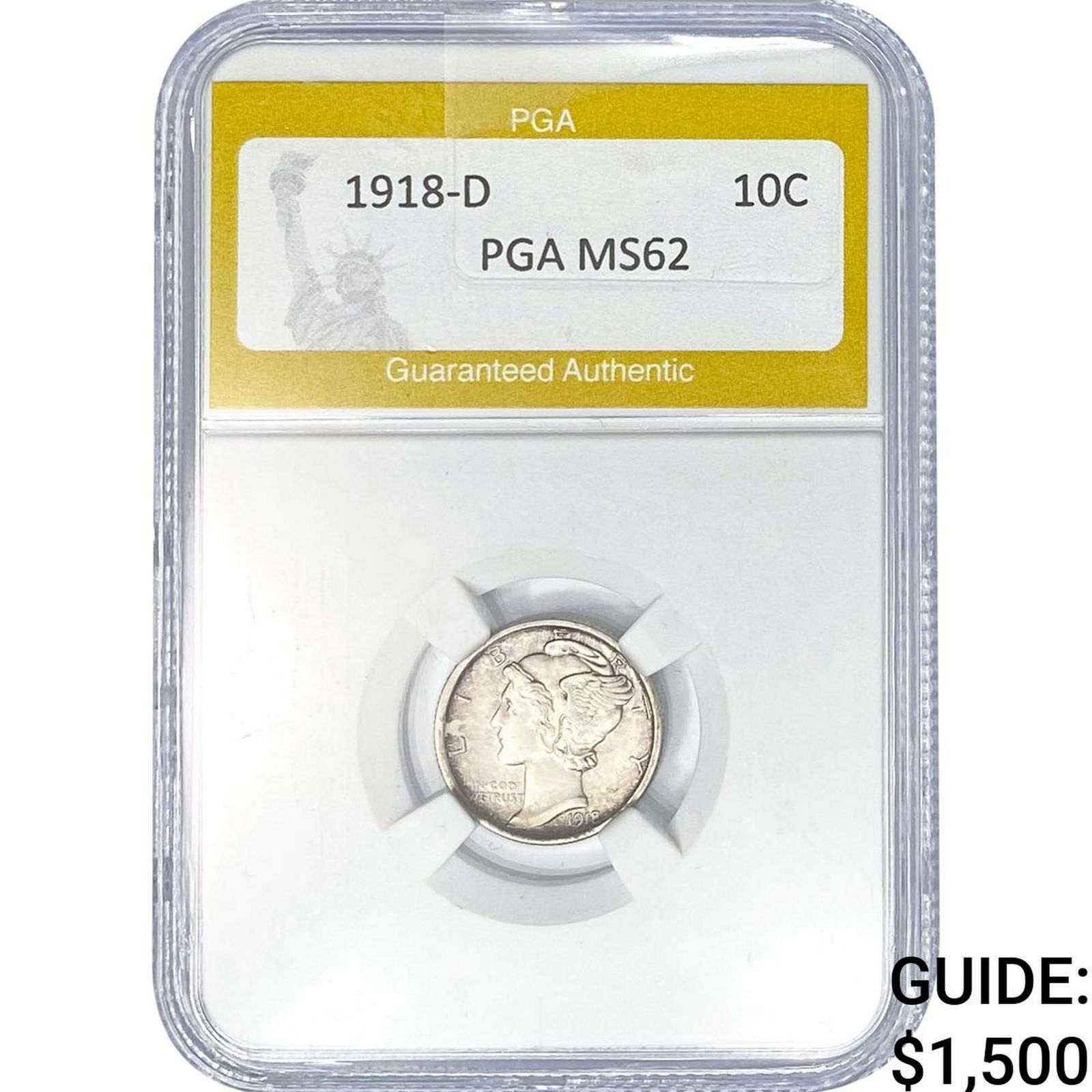 1918-D Mercury Silver Dime PGA MS62: 1918-D Mercury Silver Dime PGA MS62