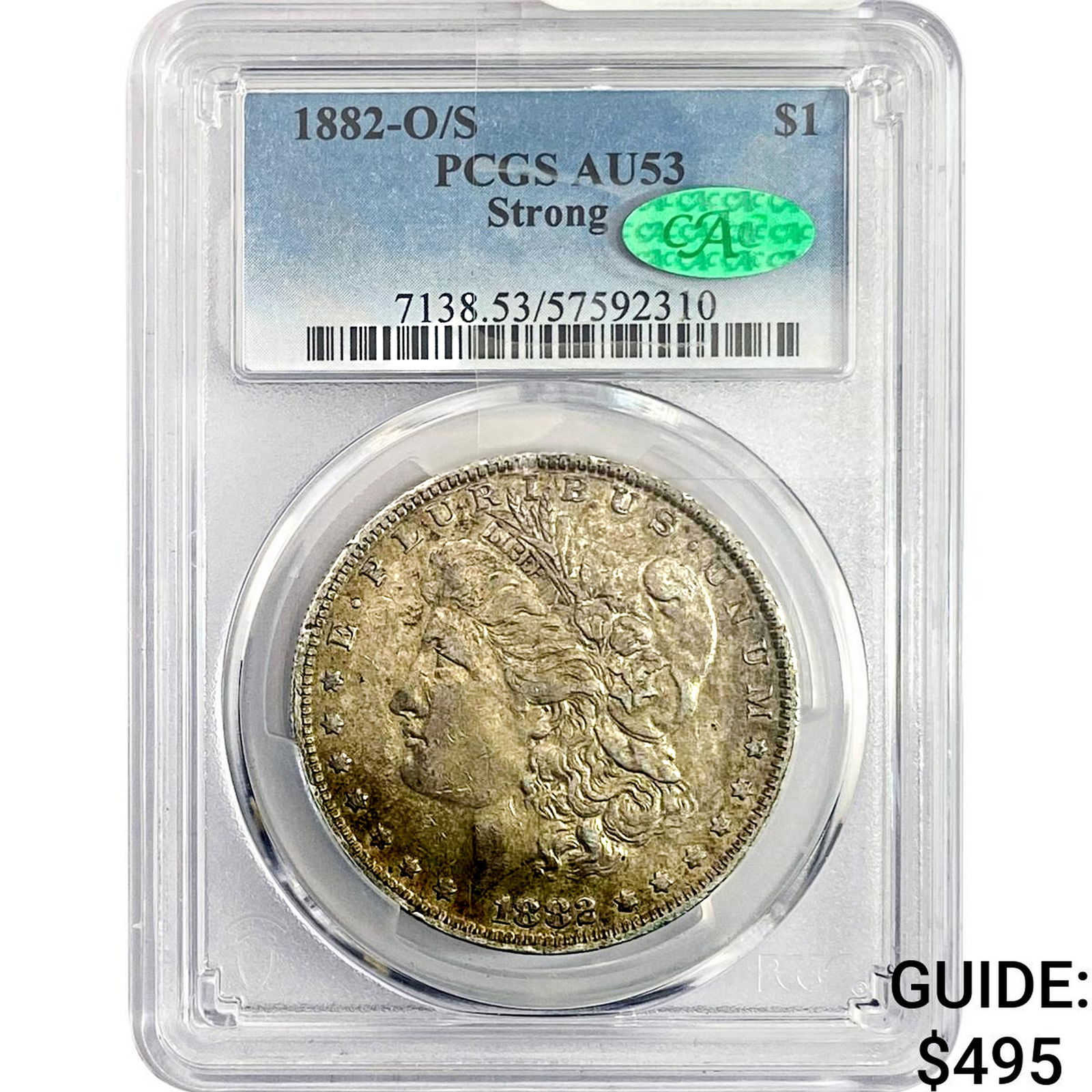 1882-O/S CAC Morgan Silver Dollar PCGS AU53 Strong: 1882-O/S CAC Morgan Silver Dollar PCGS AU53 Strong