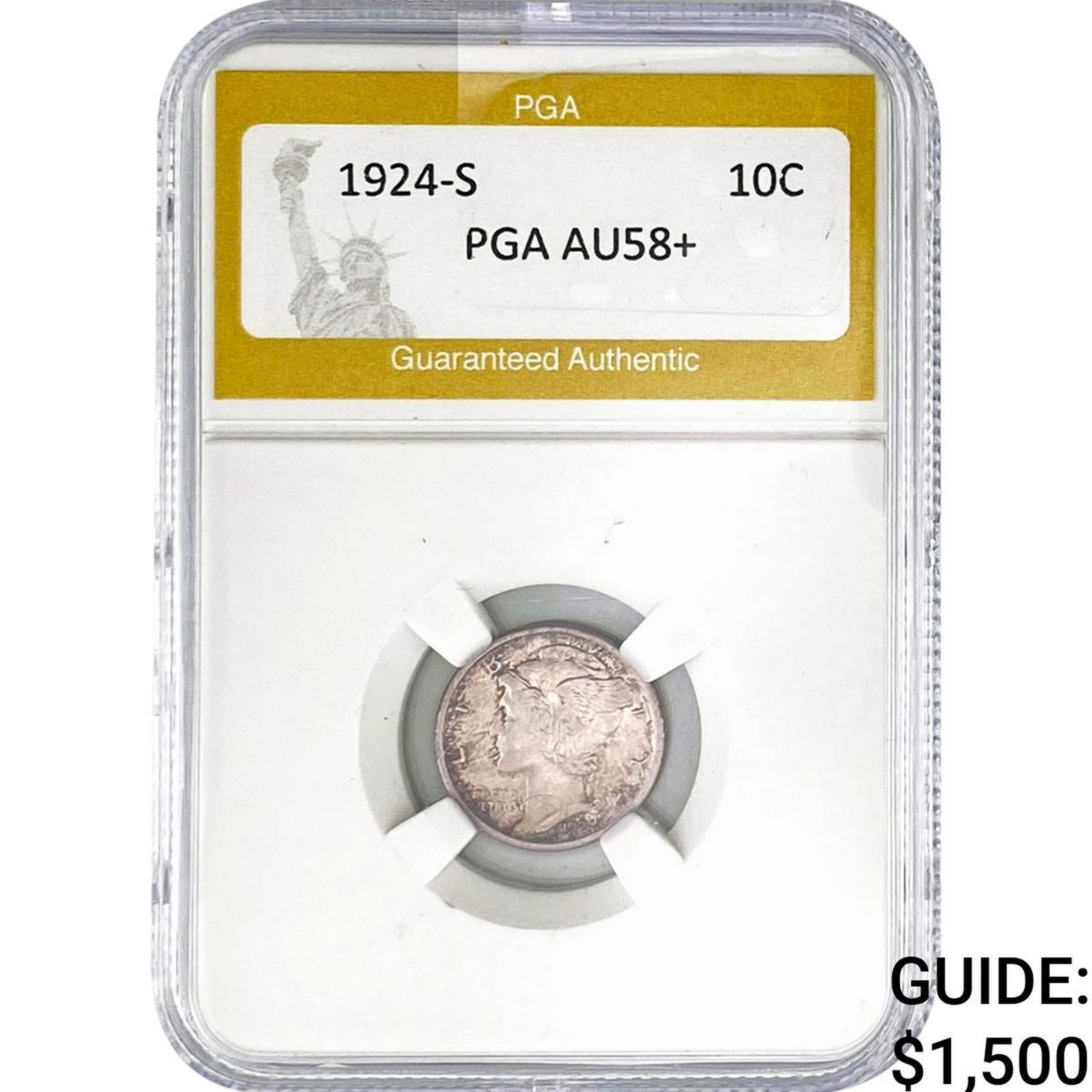 1924-S Mercury Silver Dime PGA AU58+: 1924-S Mercury Silver Dime PGA AU58+