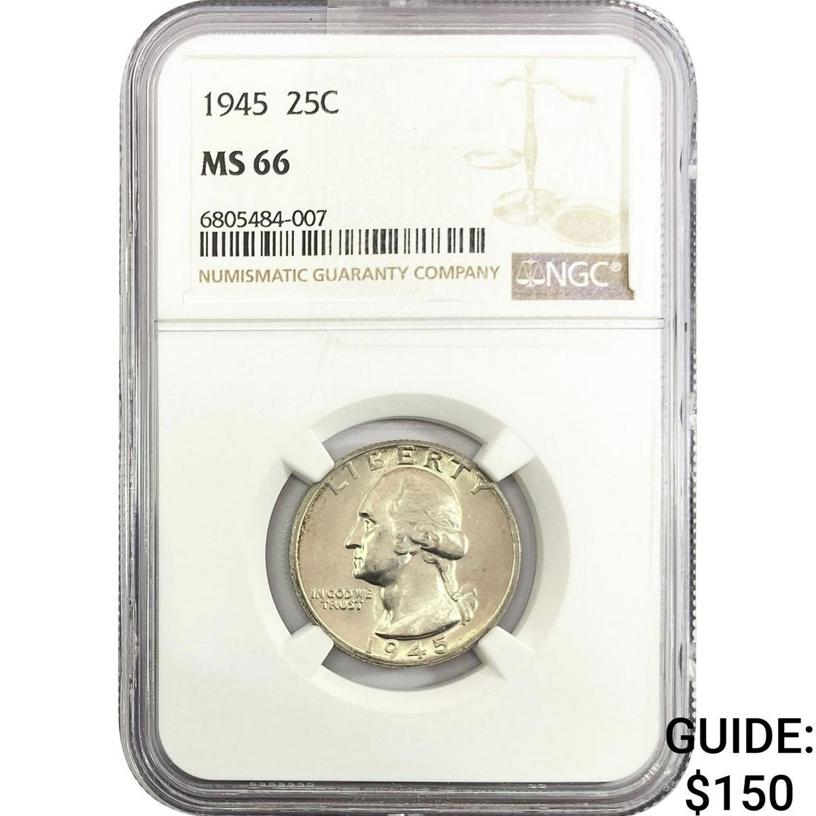 1945 Washington Silver Quarter NGC MS66: 1945 Washington Silver Quarter NGC MS66