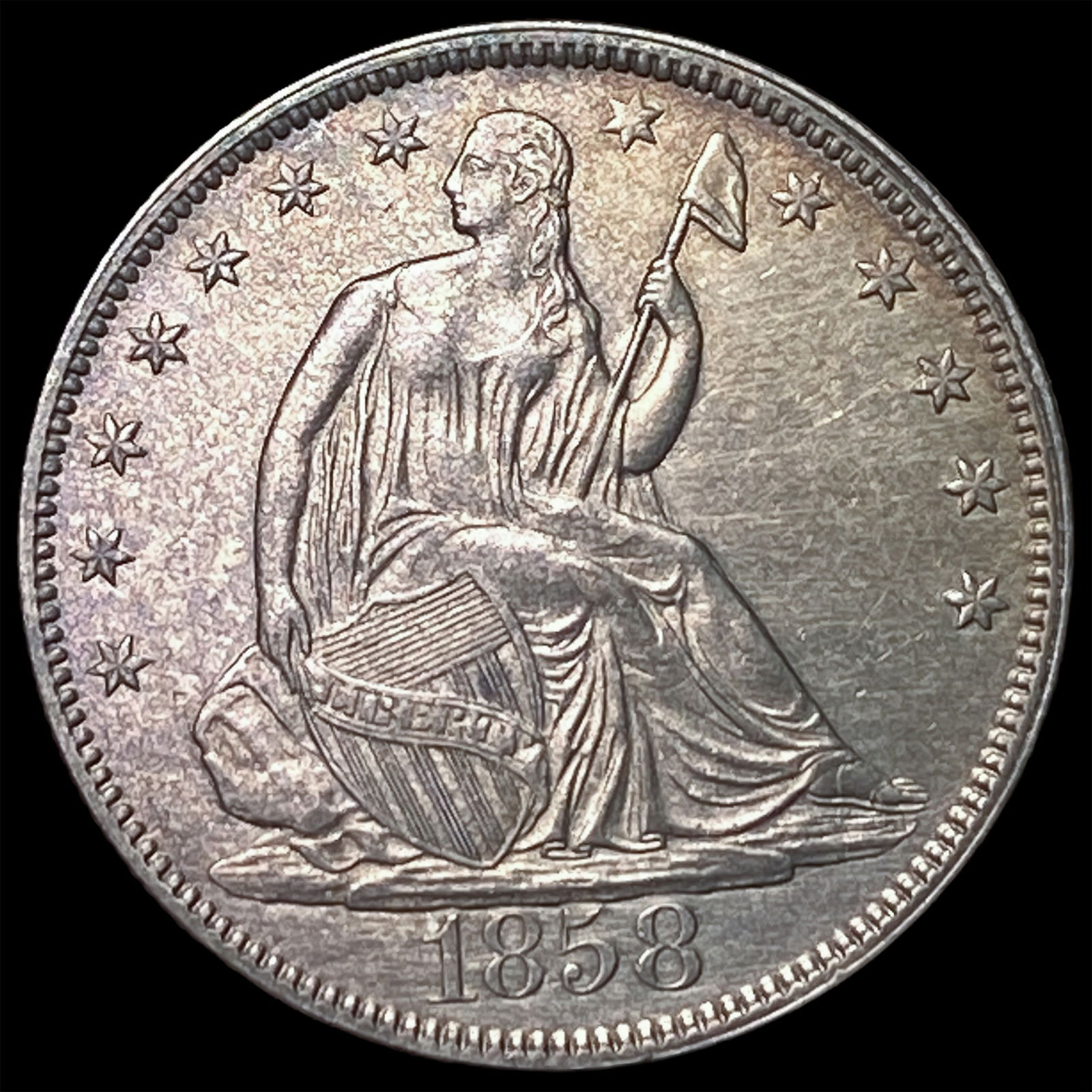 1858 Silver Half Dollar (Seated Liberty) CLOSELY UNCIRCULATED: 1858 Silver Half Dollar (Seated Liberty) CLOSELY UNCIRCULATED