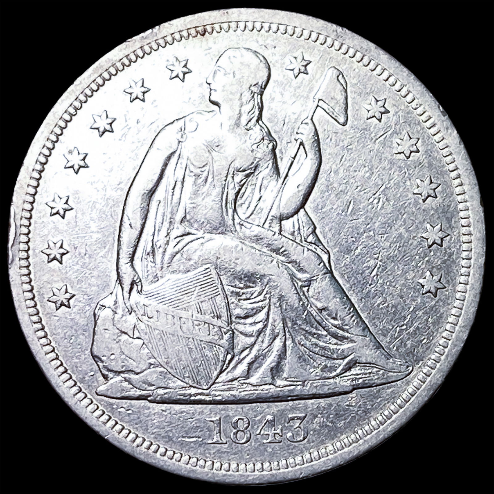 1843 Silver Seated Liberty Dollar ABOUT UNCIRCULATED: 1843 Silver Seated Liberty Dollar ABOUT UNCIRCULATED