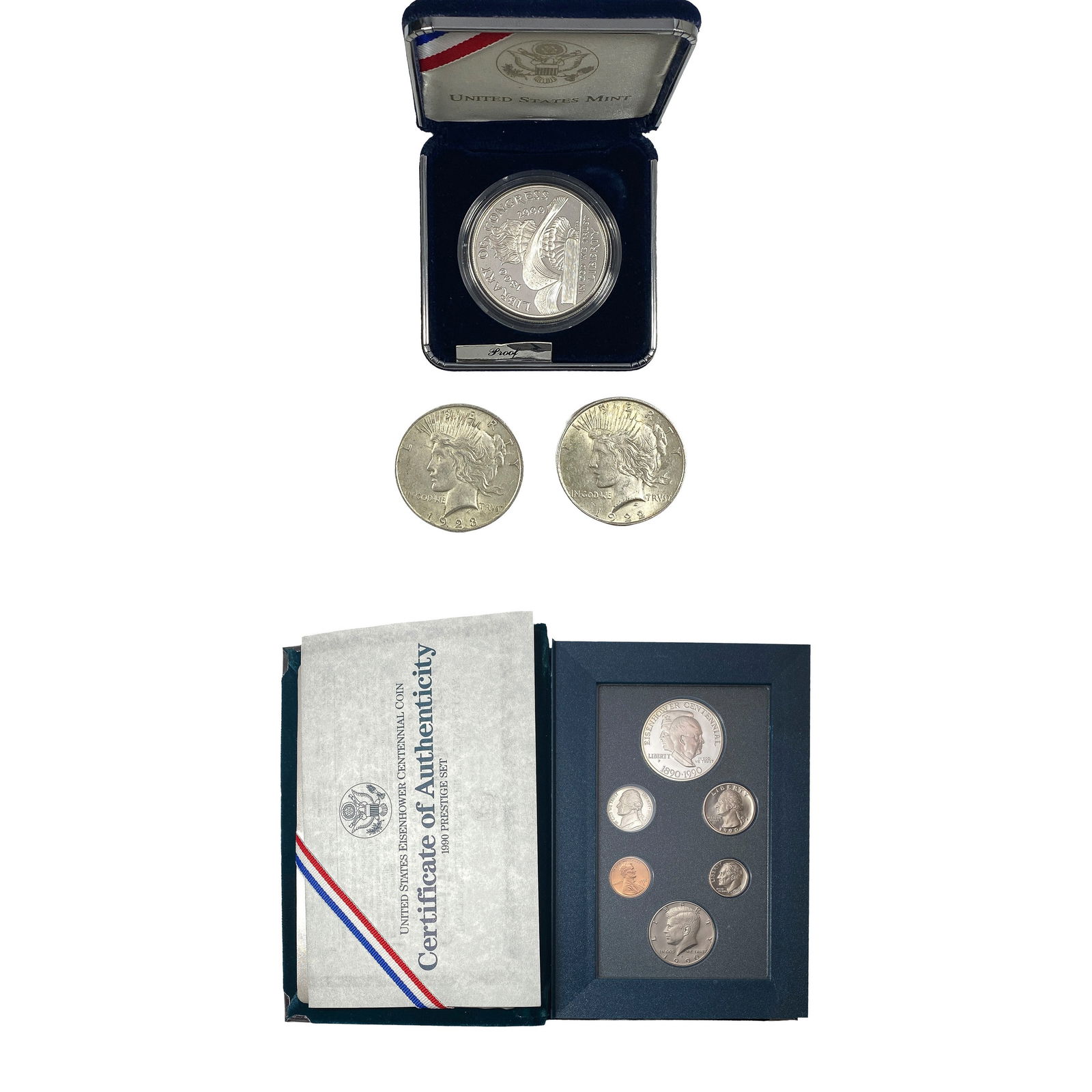 2 Peace Dollars, 2000 Silver $1, 1990 Silver Ike (1 of 2)