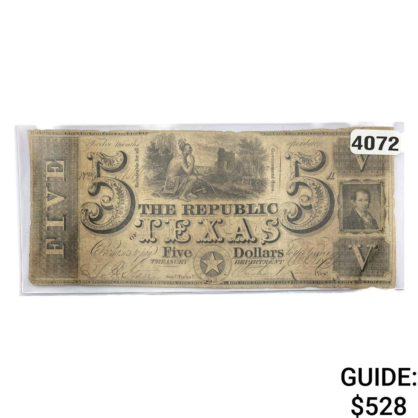 1831 $5 Republic of Texas Treasury Note 5: 1831 $5 Republic of Texas Treasury Note 5