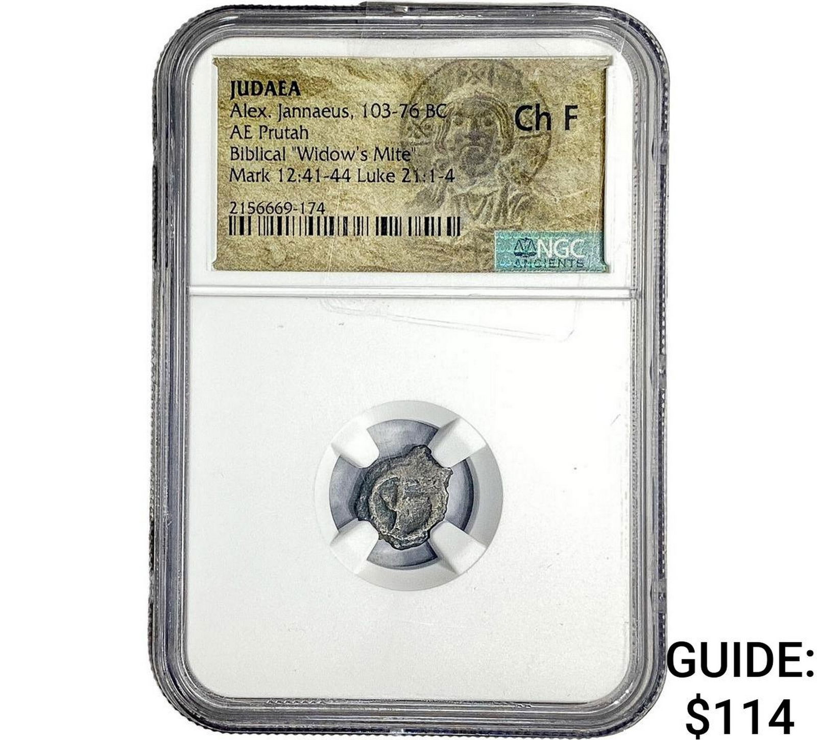 Judaea ALex Jannaeus 103-76 BC Bronze Prutah NGC CF F: Judaea ALex Jannaeus 103-76 BC Bronze Prutah NGC CF F