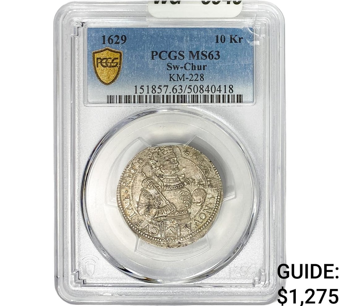 1629 SW-Chur Silver 10 Kroner PCGS MS63: 1629 SW-Chur Silver 10 Kroner PCGS MS63