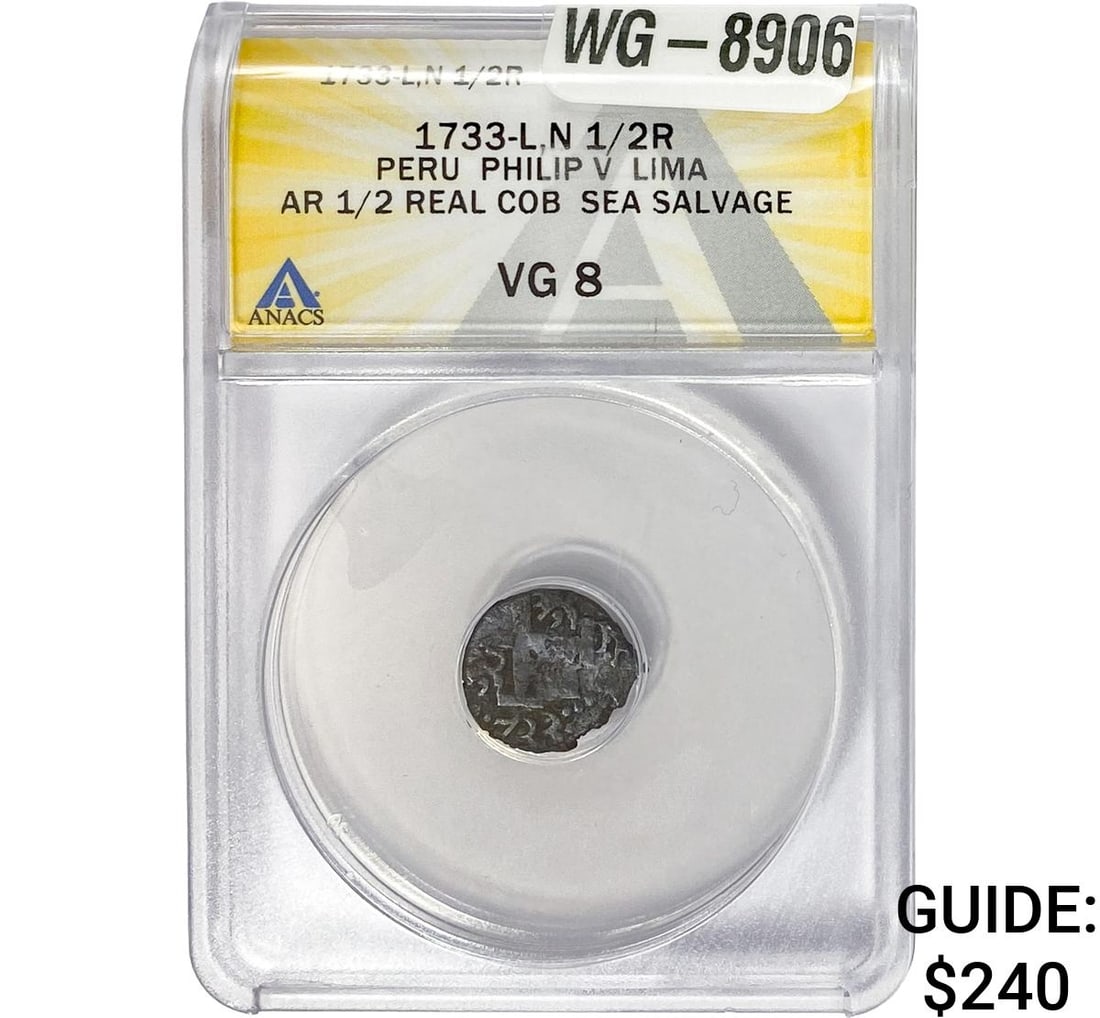 1733-L.N Preu Philip V Lima SIlver 1/2 Real Cob: 1733-L.N Preu Philip V Lima SIlver 1/2 Real Cob