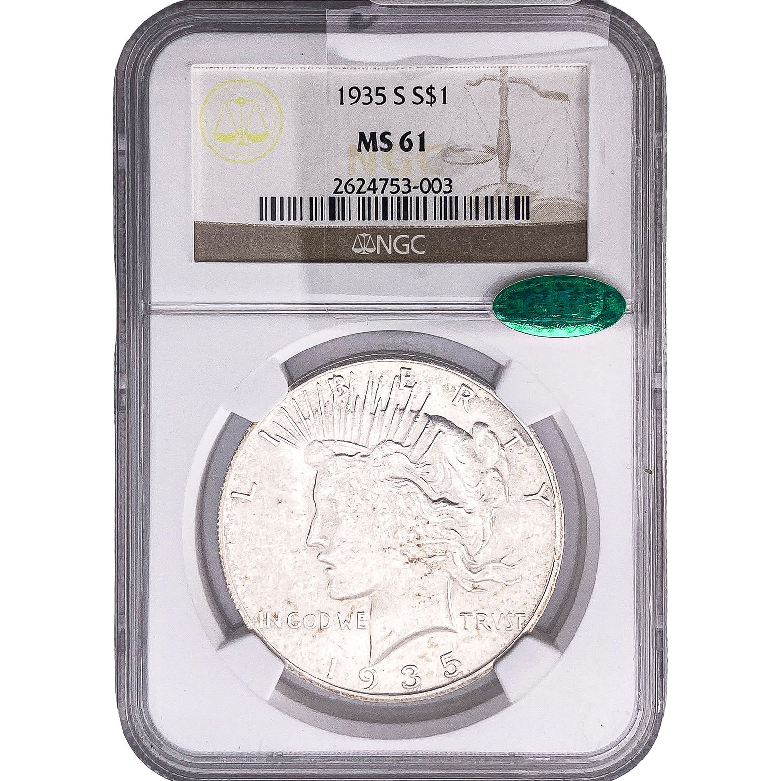 1935-S CAC Morgan Silver Dollar NGC MS61: 1935-S CAC Morgan Silver Dollar NGC MS61