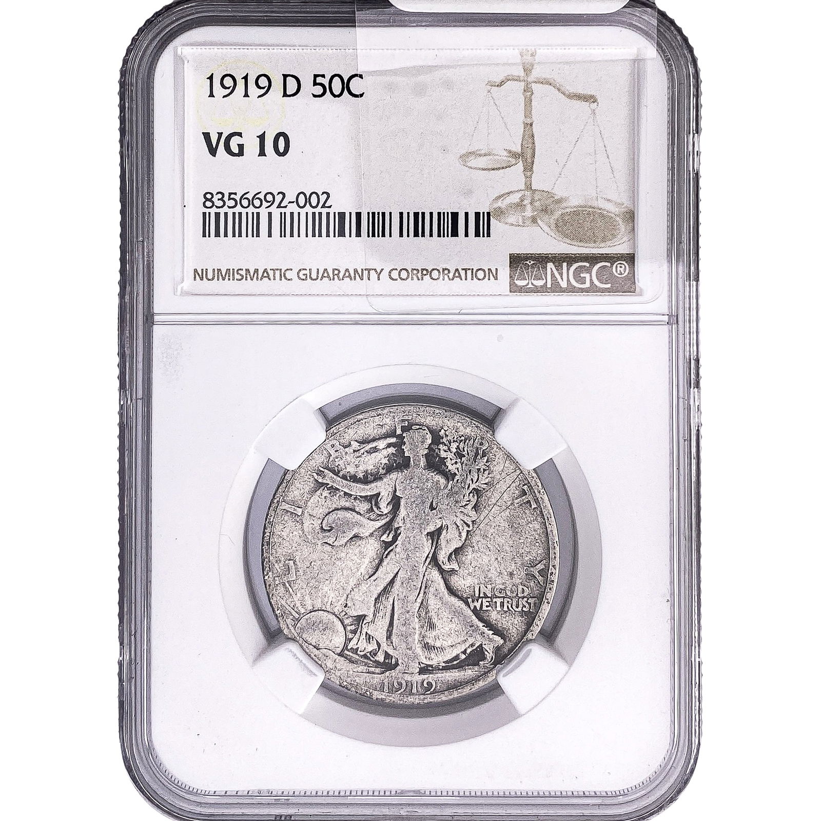 1919-D Walking Liberty Half Dollar NGC VG10: 1919-D Walking Liberty Half Dollar NGC VG10