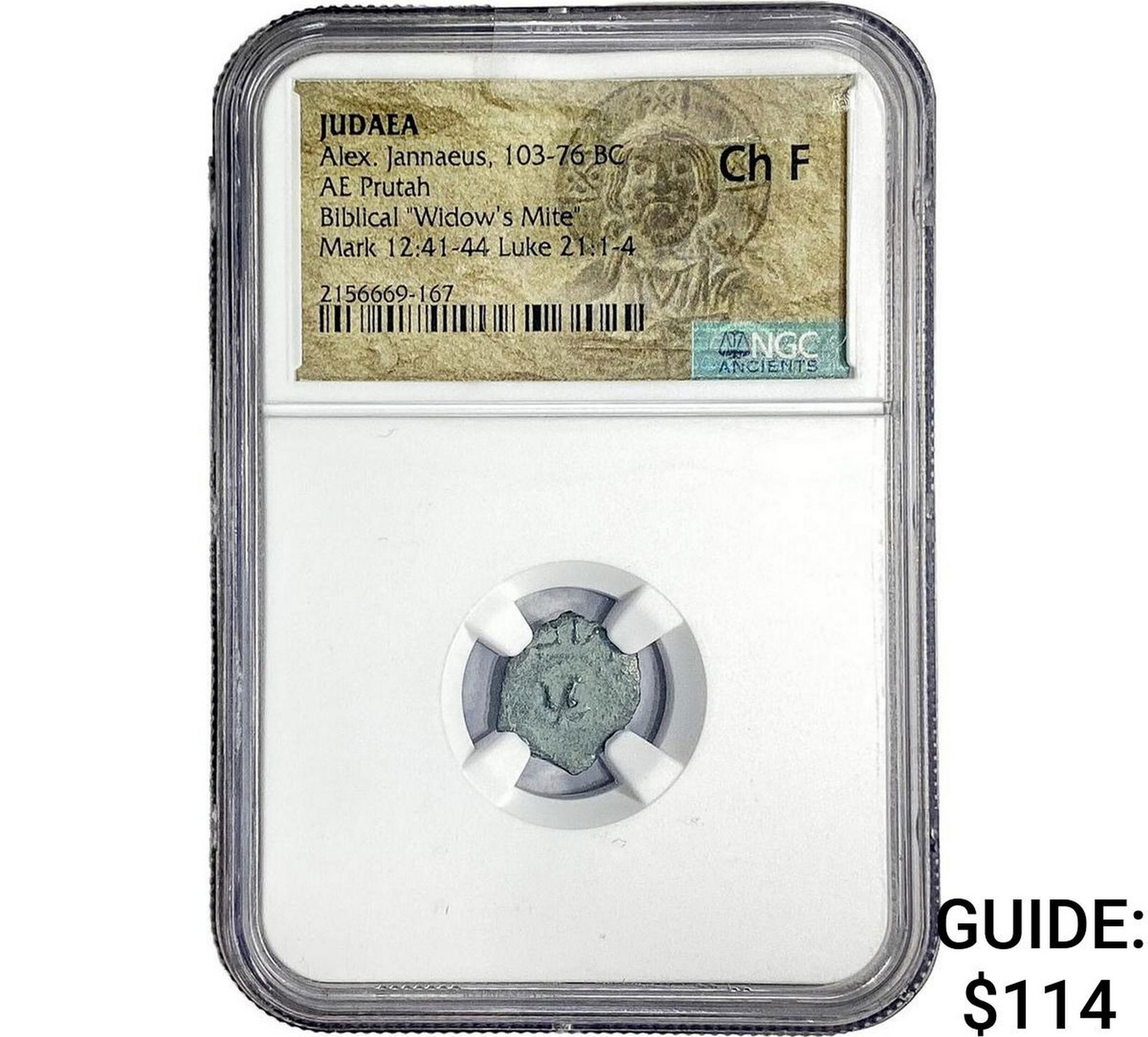 Judaea Alex Jannaeus 103-76 BC Bronze Prutah NGC CF F: Judaea Alex Jannaeus 103-76 BC Bronze Prutah NGC CF F