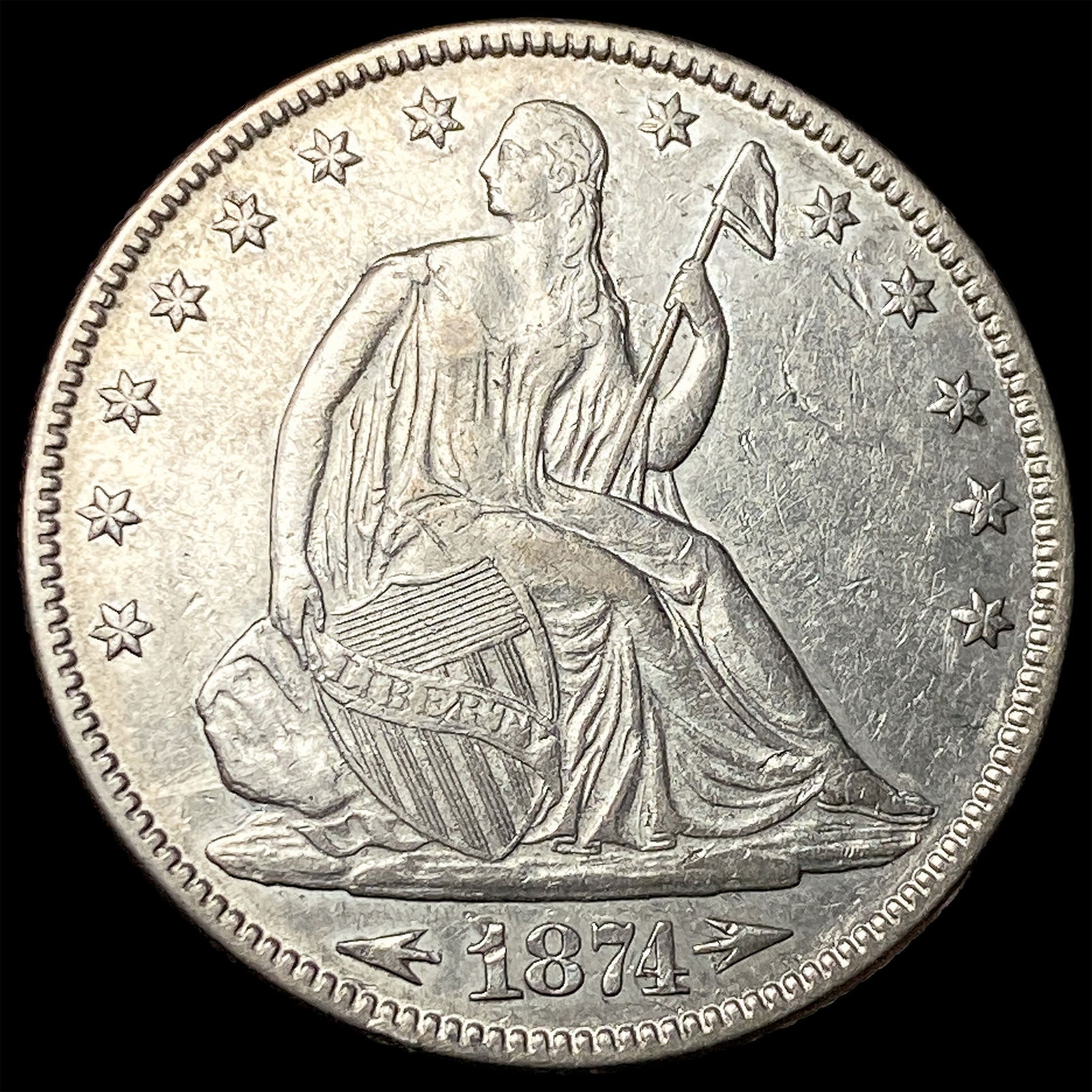 1874 Arrows Seated Liberty Half Dollar CLOSELY UNCIRCULATED: 1874 Arrows Seated Liberty Half Dollar CLOSELY UNCIRCULATED