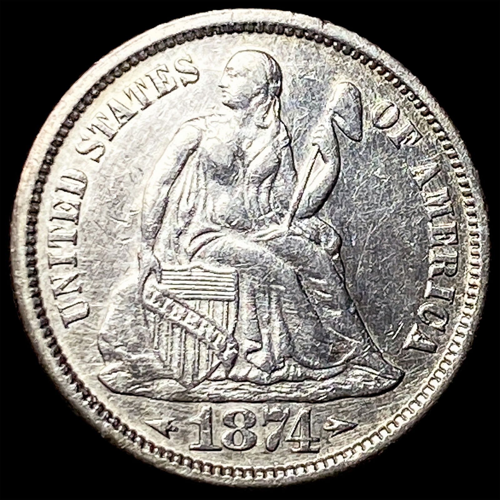 1874 Arrows Seated Liberty Dime CLOSELY UNCIRCULATED: 1874 Arrows Seated Liberty Dime CLOSELY UNCIRCULATED