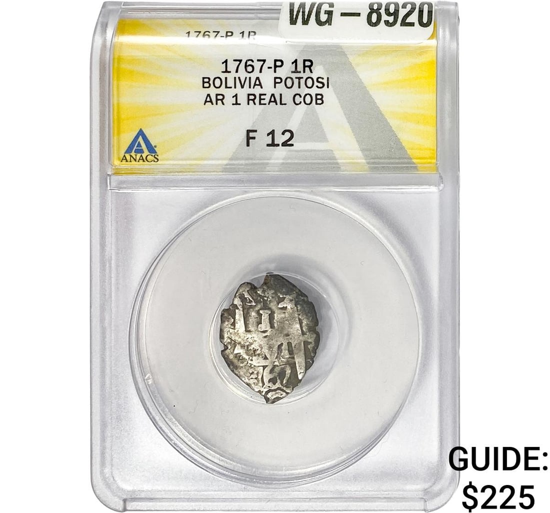1767-P Bolivia Potosi Silver 1 Real Cob ANACS F12: 1767-P Bolivia Potosi Silver 1 Real Cob ANACS F12