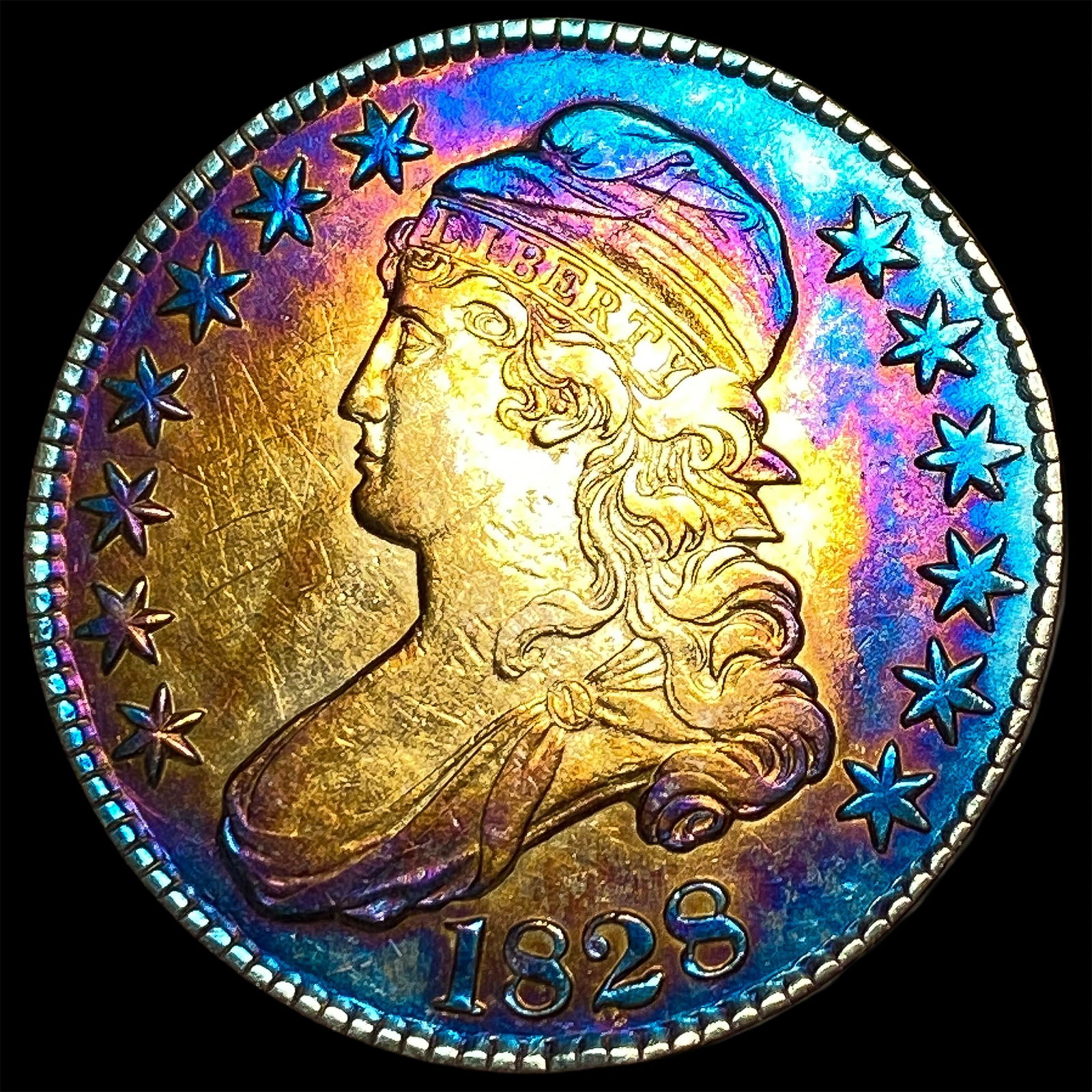 1828 Toned Capped Bust Half Dollar CLOSELY UNCIRCULATED: 1828 Toned Capped Bust Half Dollar CLOSELY UNCIRCULATED