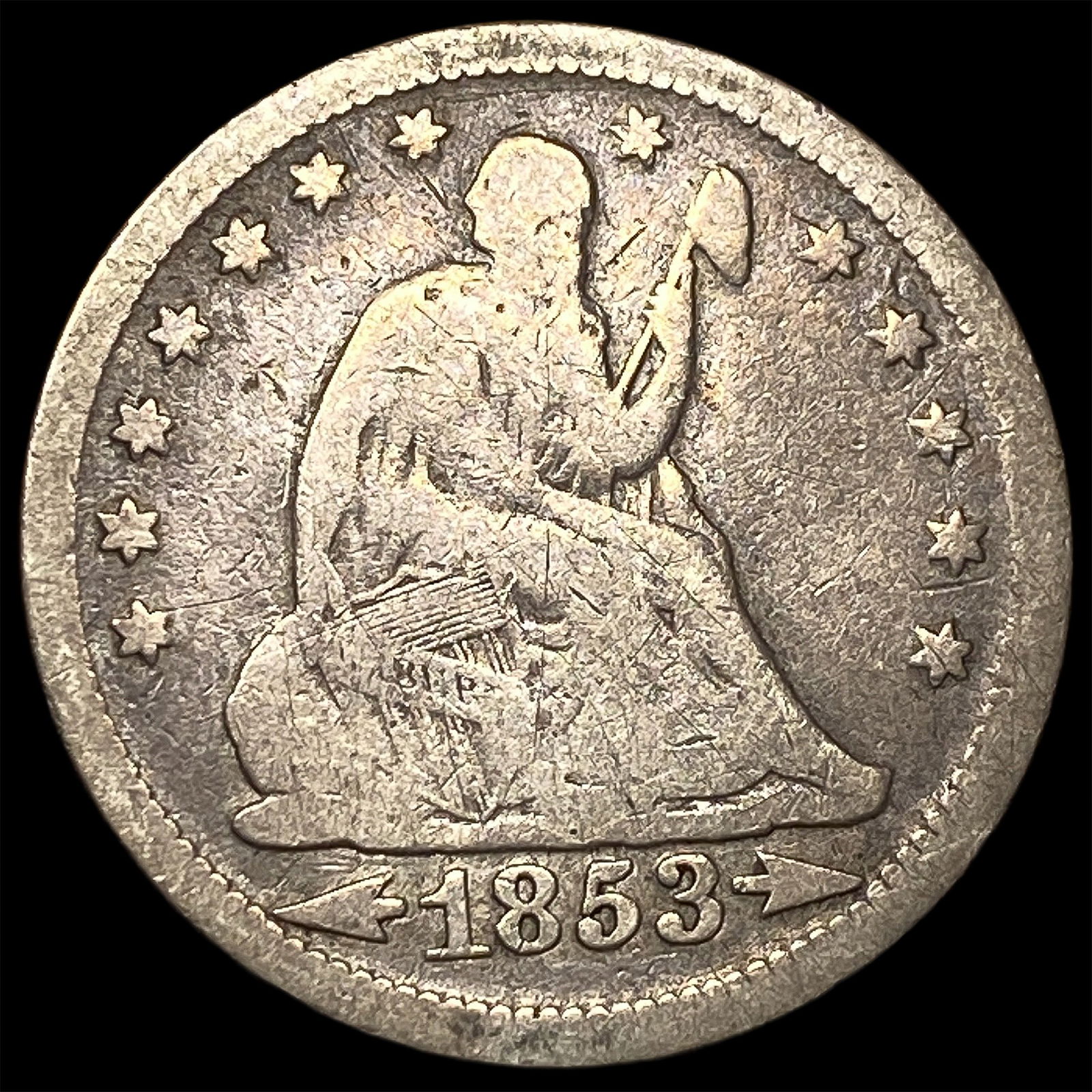1853 Arrows/Rays Seated Liberty Silver Quarter NICELY CIRCULATED: 1853 Arrows/Rays Seated Liberty Silver Quarter NICELY CIRCULATED
