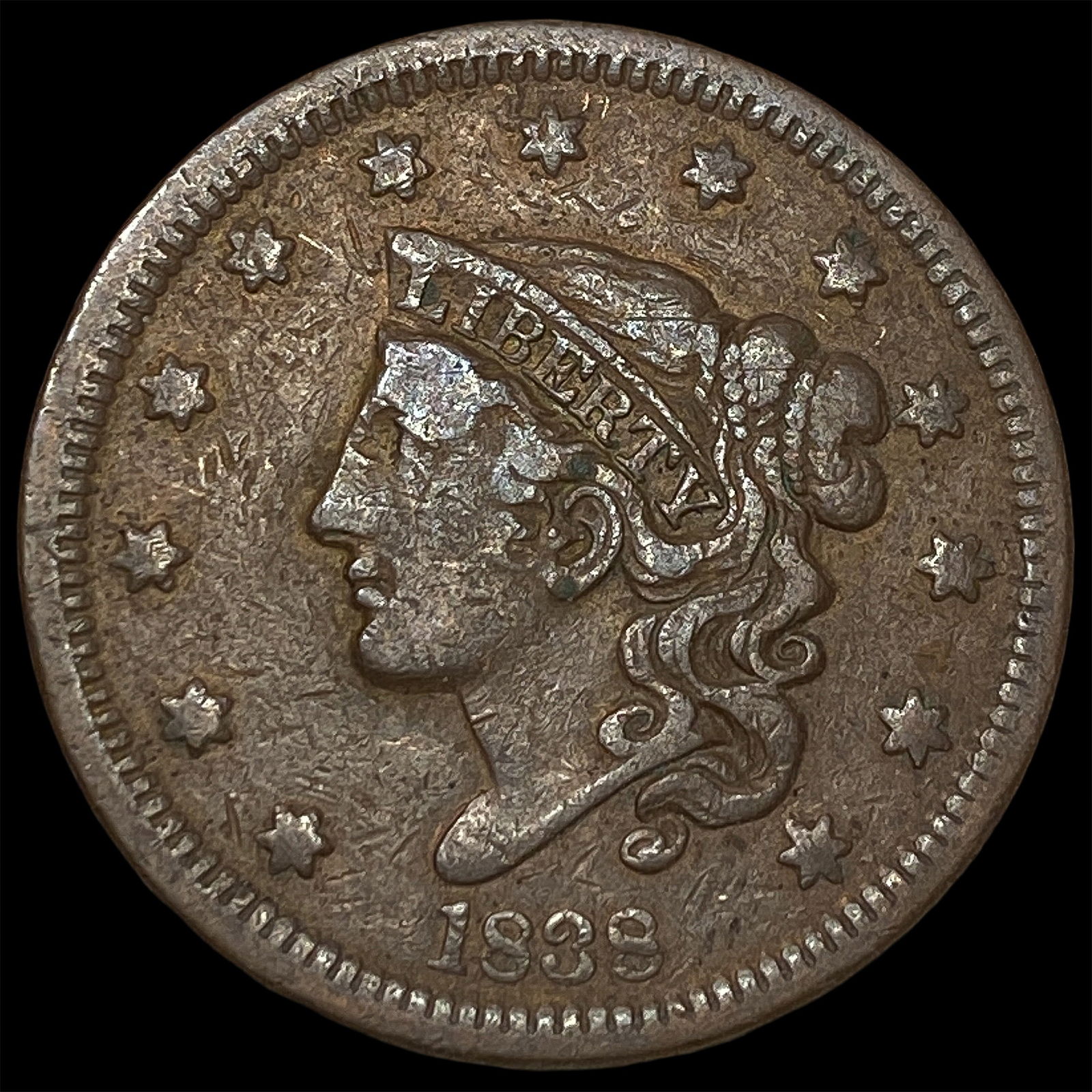 1838 Coronet Head Large Cent LIGHTLY CIRCULATED: 1838 Coronet Head Large Cent LIGHTLY CIRCULATED