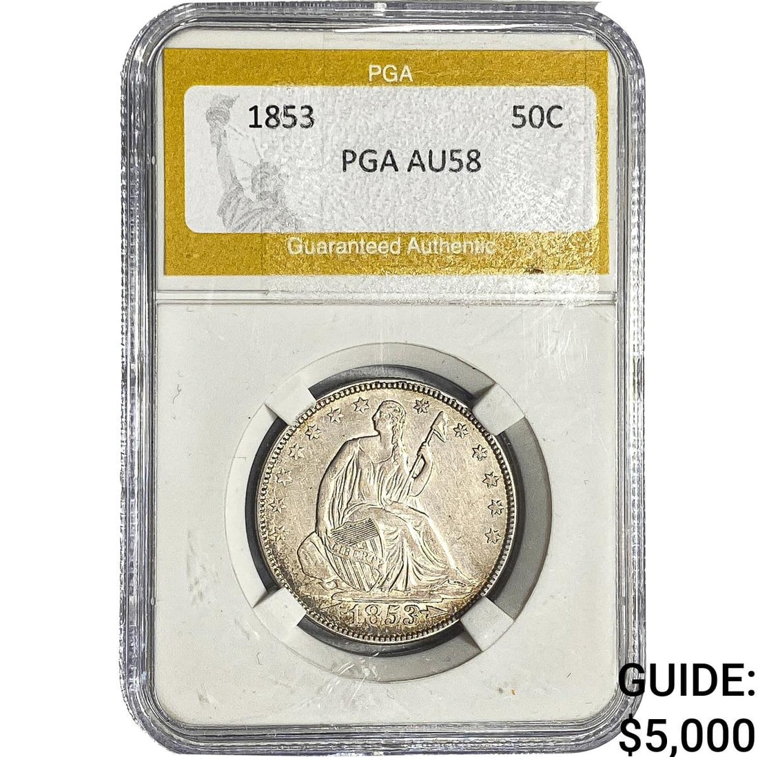 1853 Seated Liberty Half Dollar PGA AU58: 1853 Seated Liberty Half Dollar PGA AU58