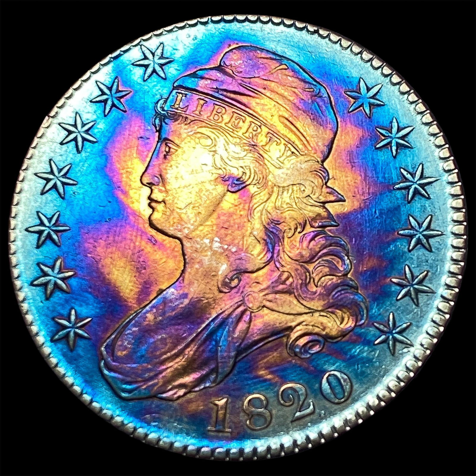1820 Toned Silver Capped Bust Half Dollar CLOSELY UNCIRCULATED: 1820 Toned Silver Capped Bust Half Dollar CLOSELY UNCIRCULATED