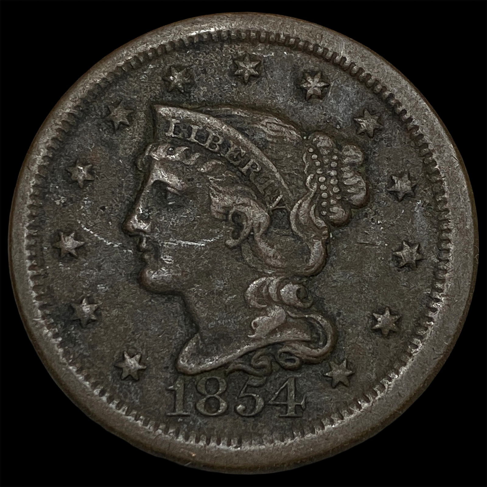 1854 Braided Hair Large Cent LIGHTLY CIRCULATED: 1854 Braided Hair Large Cent LIGHTLY CIRCULATED