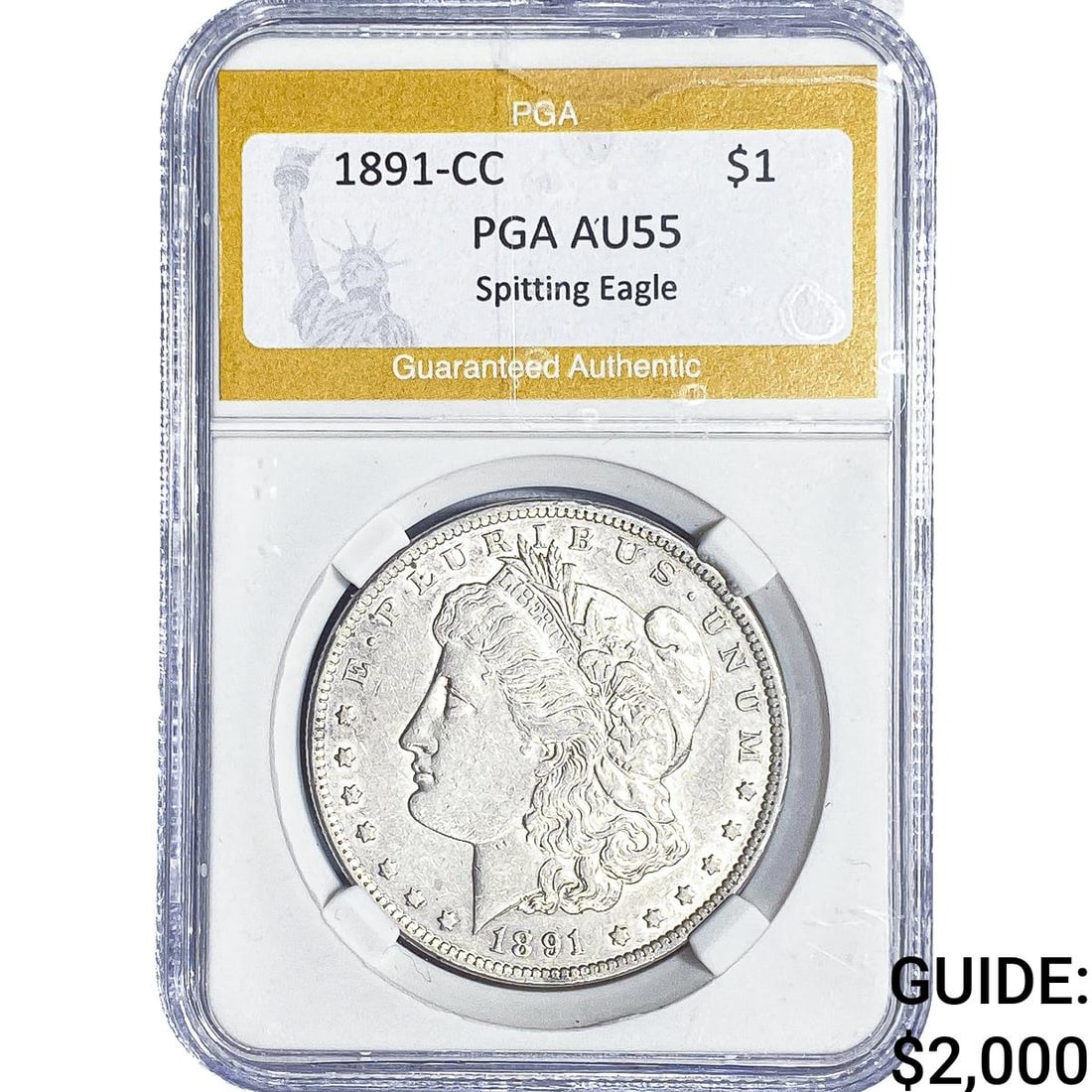 1891-CC Morgan Silver Dollar PGA AU55 Spitting Eagle: 1891-CC Morgan Silver Dollar PGA AU55 Spitting Eagle