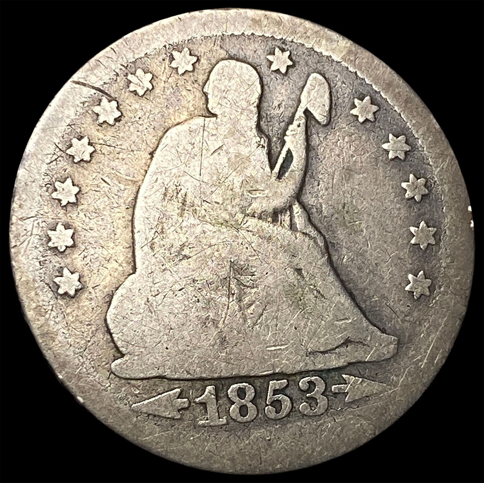 1853 Arrows/Rays Seated Liberty Quarter NICELY CIRCULATED (1 of 2)