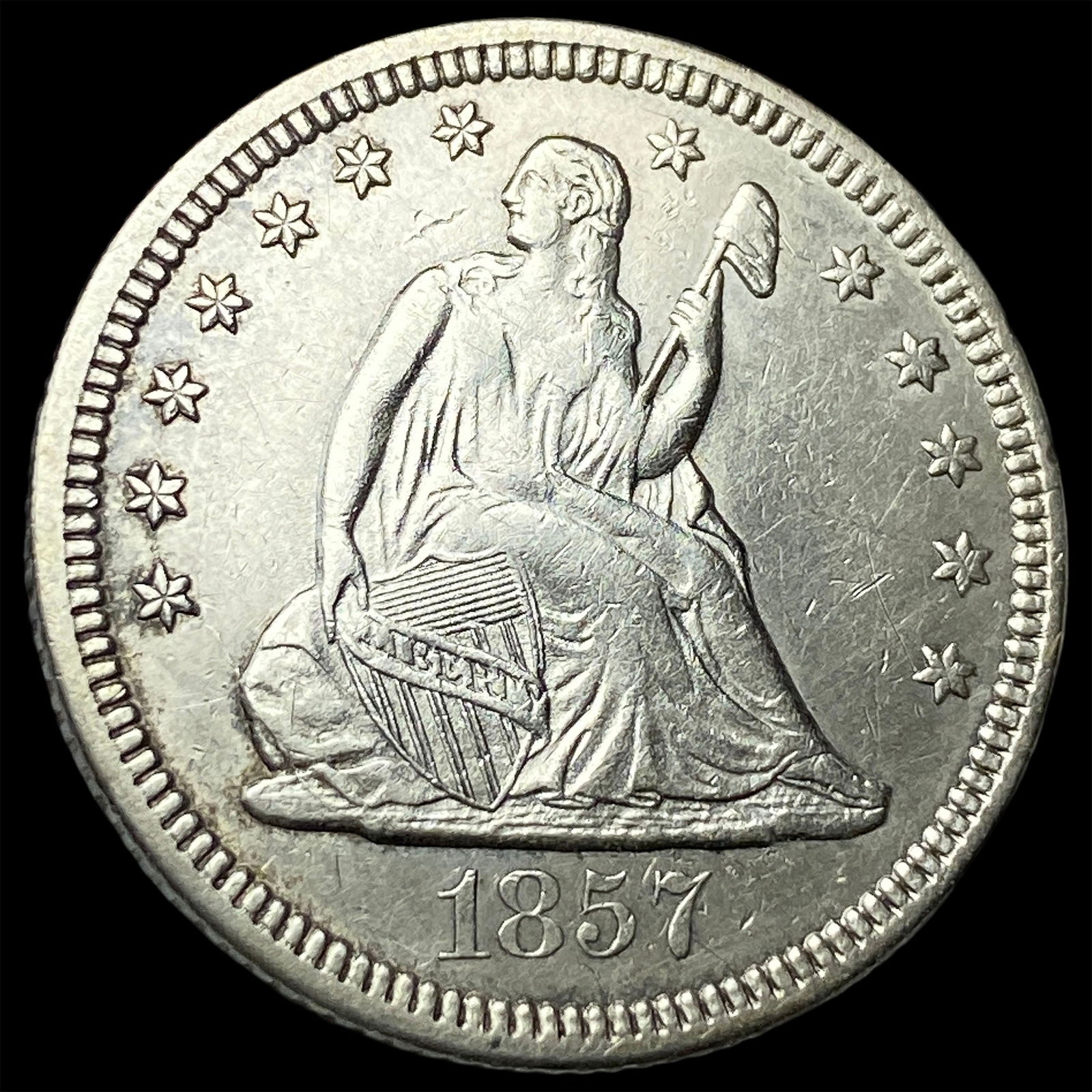 1857-O Silver Seated Liberty Quarter CLOSELY UNCIRCULATED: 1857-O Silver Seated Liberty Quarter CLOSELY UNCIRCULATED