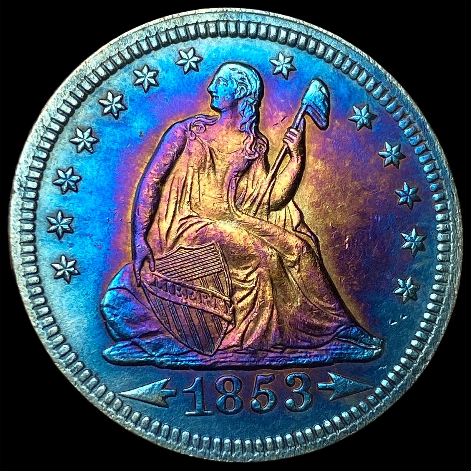 1853 Arrows/Rays Toned Silver Seated Liberty Quarter UNCIRCULATED: 1853 Arrows/Rays Toned Silver Seated Liberty Quarter UNCIRCULATED