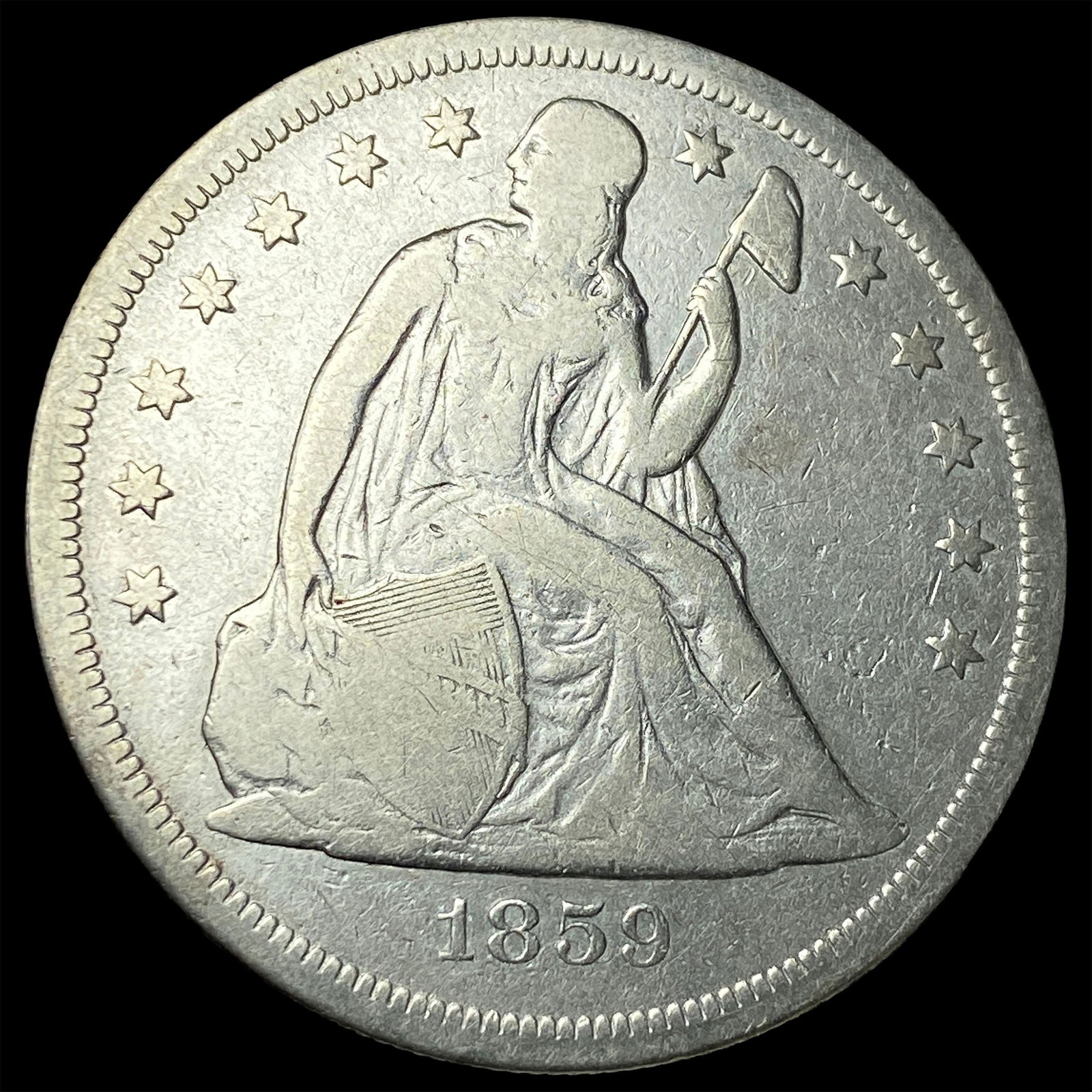 1859-O Silver Seated Liberty Dollar ABOUT UNCIRCULATED (1 of 2)