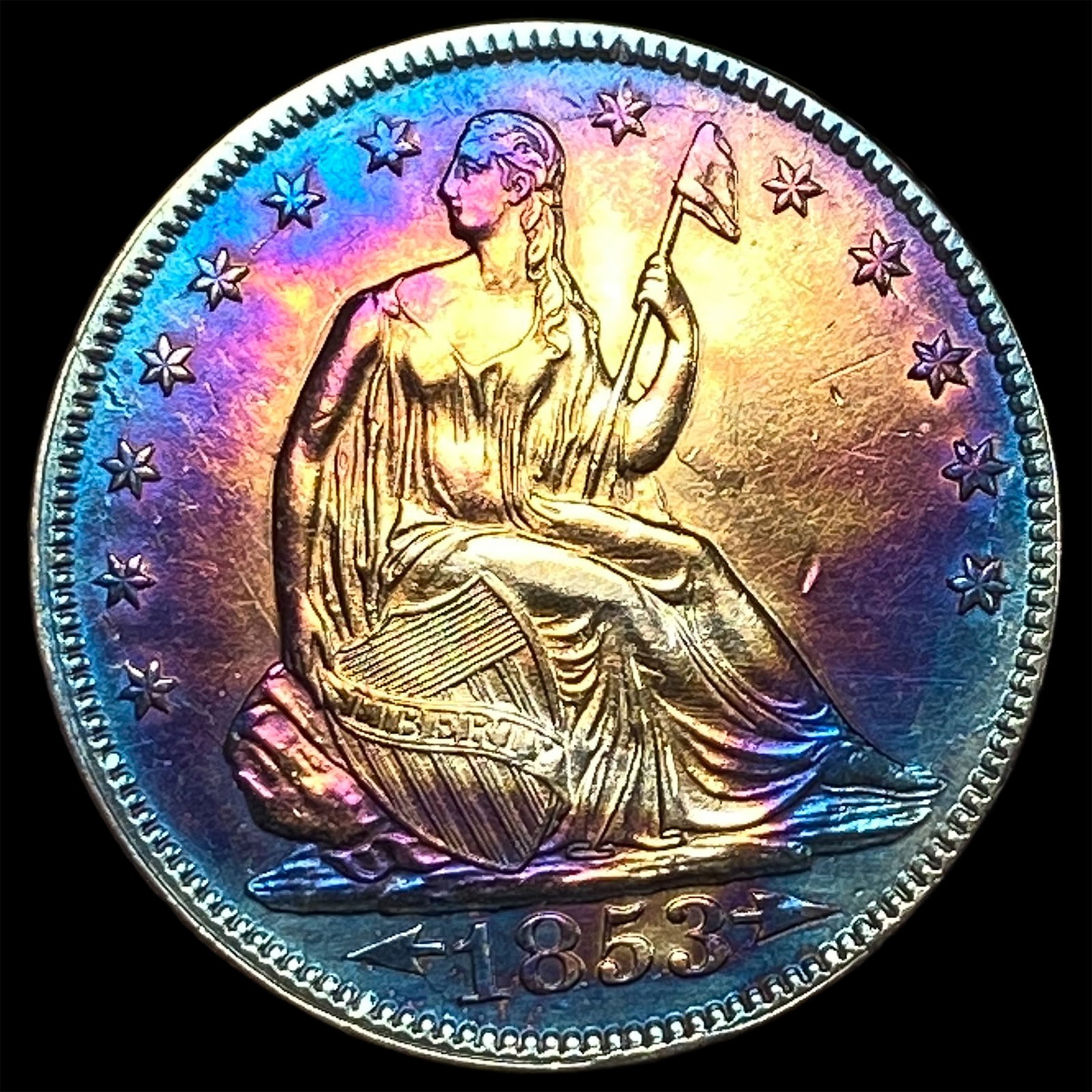 1853 Arrows/Rays Toned Seated Liberty Half Dollar CLOSELY UNCIRCULATED: 1853 Arrows/Rays Toned Seated Liberty Half Dollar CLOSELY UNCIRCULATED