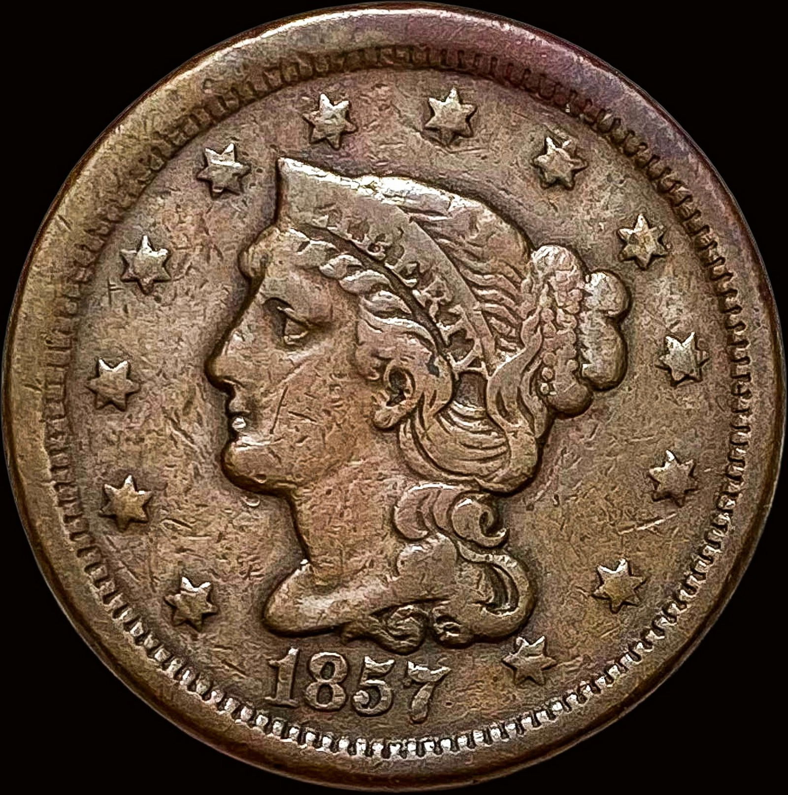 1857 Braided Hair Large Cent LIGHTLY CIRCULATED: 1857 Braided Hair Large Cent LIGHTLY CIRCULATED