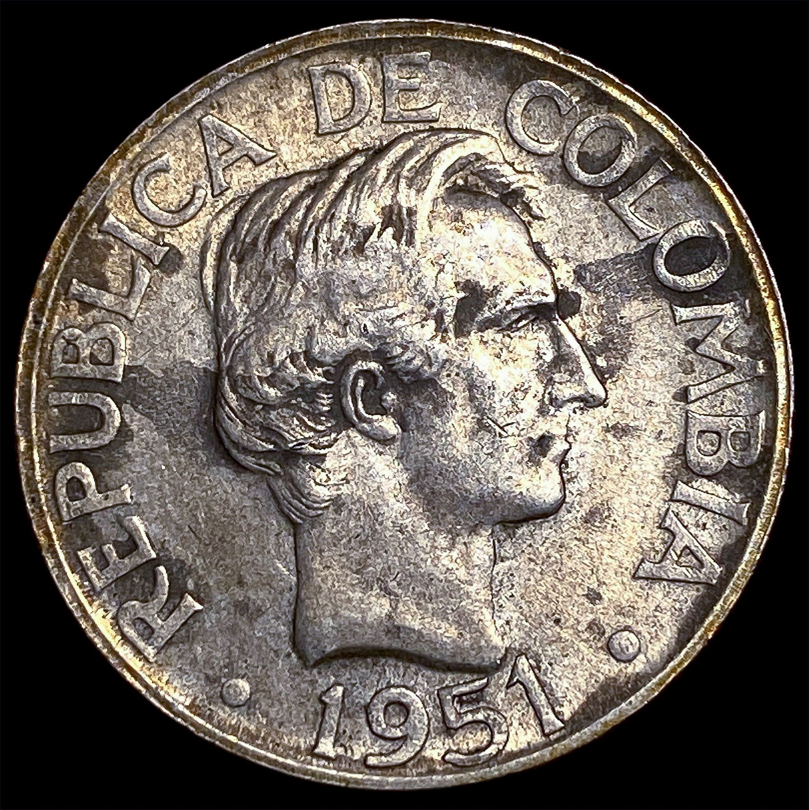 1951 Columbia Silver 20 Centavos CLOSELY UNCIRCULATED: 1951 Columbia Silver 20 Centavos CLOSELY UNCIRCULATED
