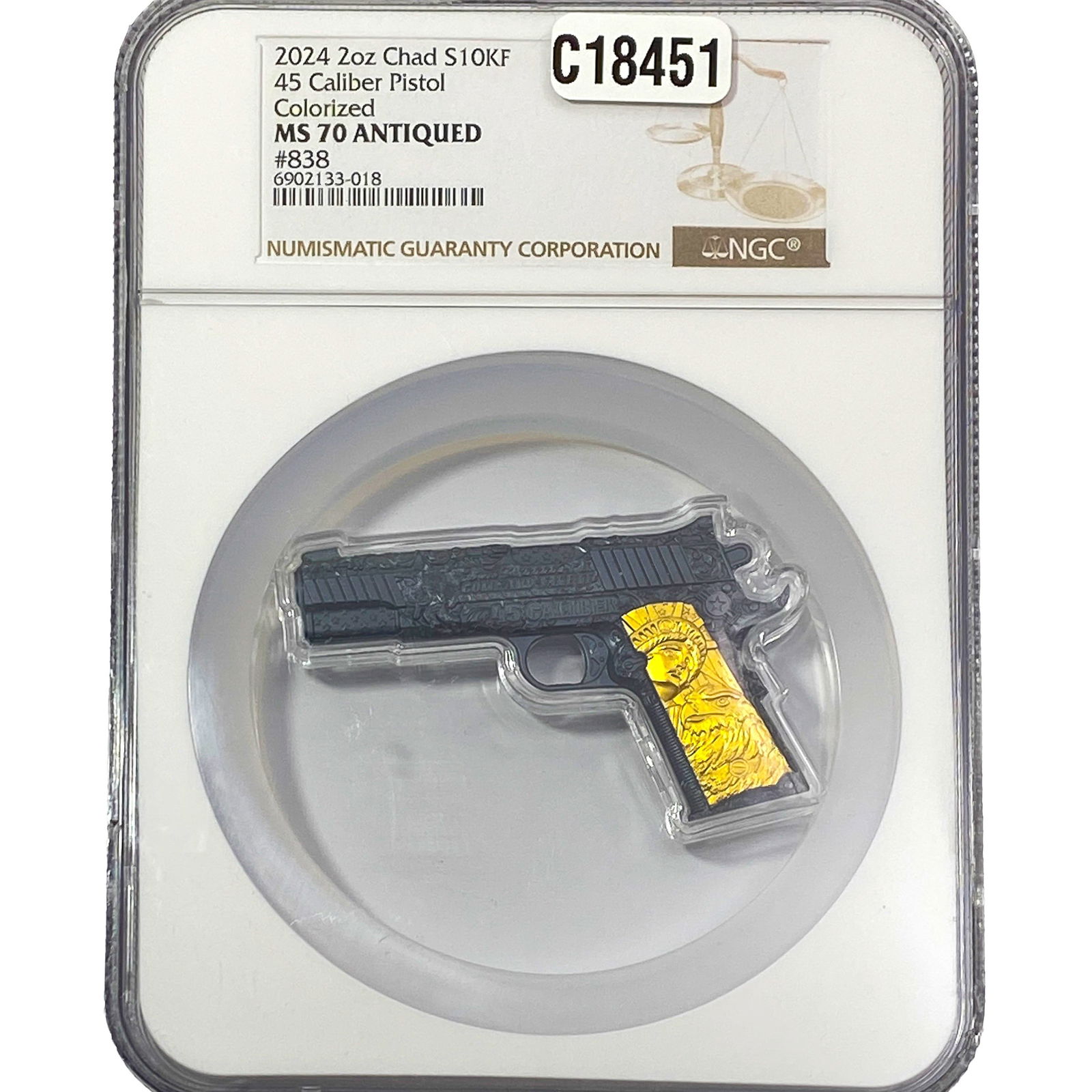2024 2oz 45 Caliber Pistol NGC MS70 Antiqued: 2024 2oz 45 Caliber Pistol NGC MS70 Antiqued