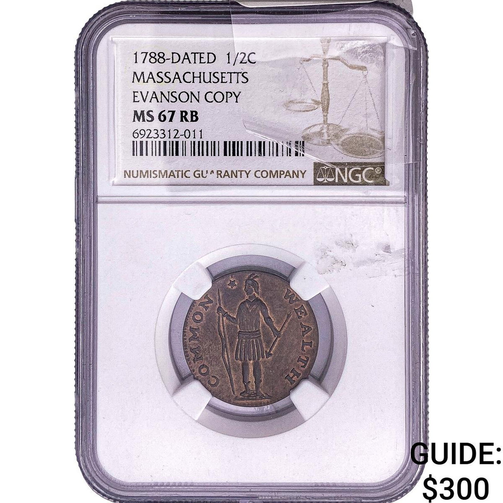 1788 Massachusetts Copper half Cent Evanson Copy NGC MS67 RB: 1788 Massachusetts Copper half Cent Evanson Copy NGC MS67 RB