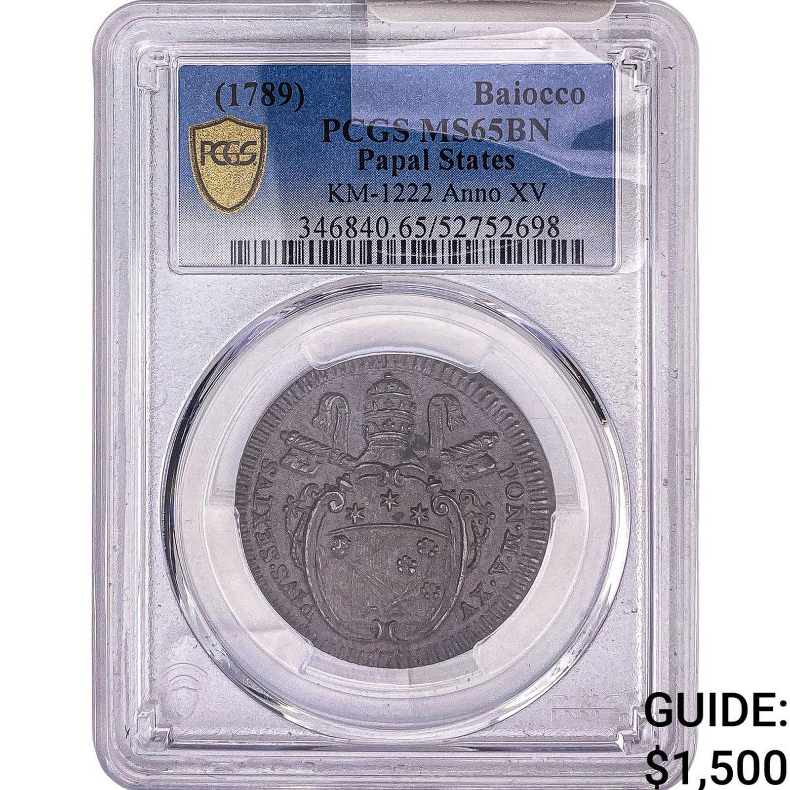 1789 Papal States Copper Baiocco PCGS MS65 BN (1 of 2)