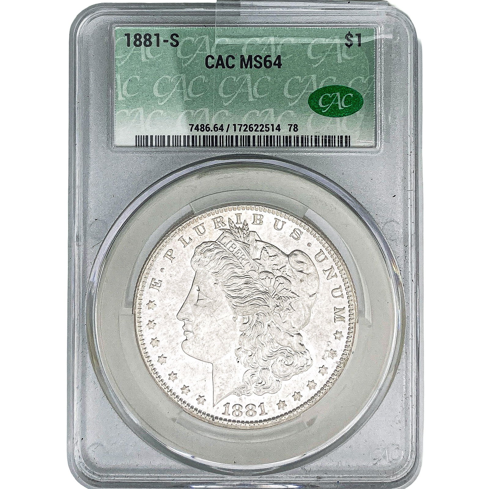 1881-S Morgan Silver Dollar CAC MS64: 1881-S Morgan Silver Dollar CAC MS64