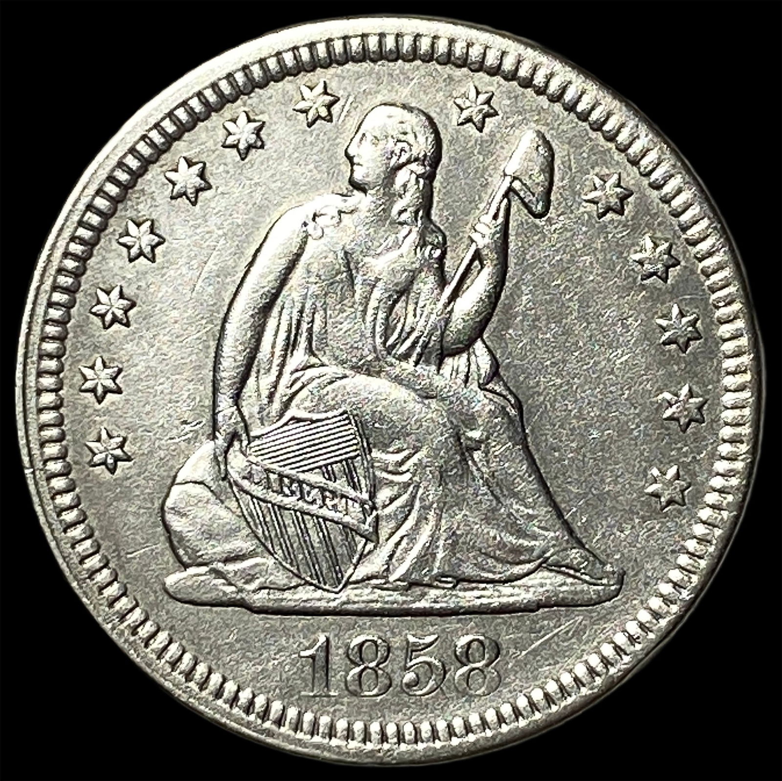 1858 Seated Liberty Quarter CLOSELY UNCIRCULATED: 1858 Seated Liberty Quarter CLOSELY UNCIRCULATED