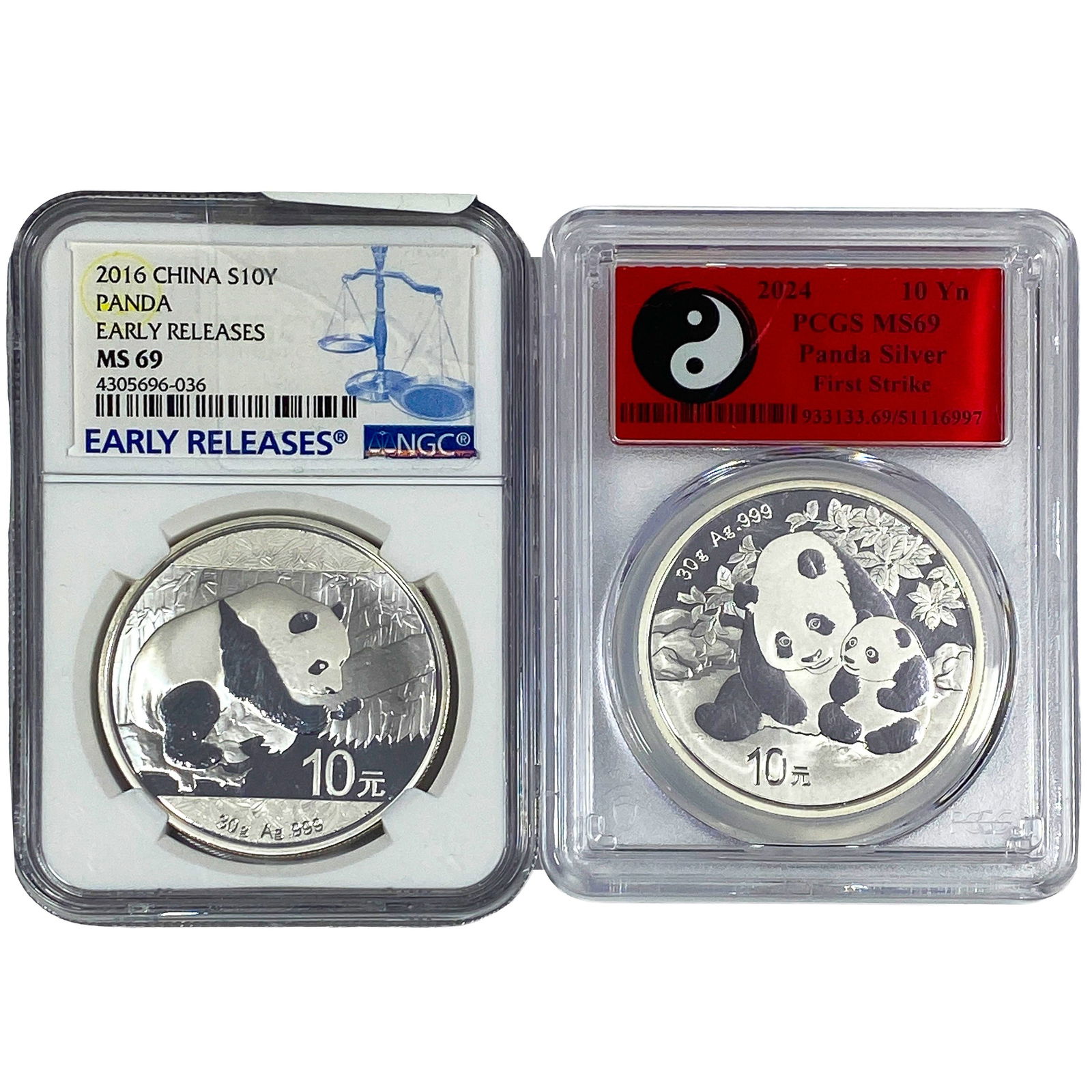 [2 Coins] 2016-2024 Silver Panda 10Yn NGC/PCGS MS69 (1 of 2)