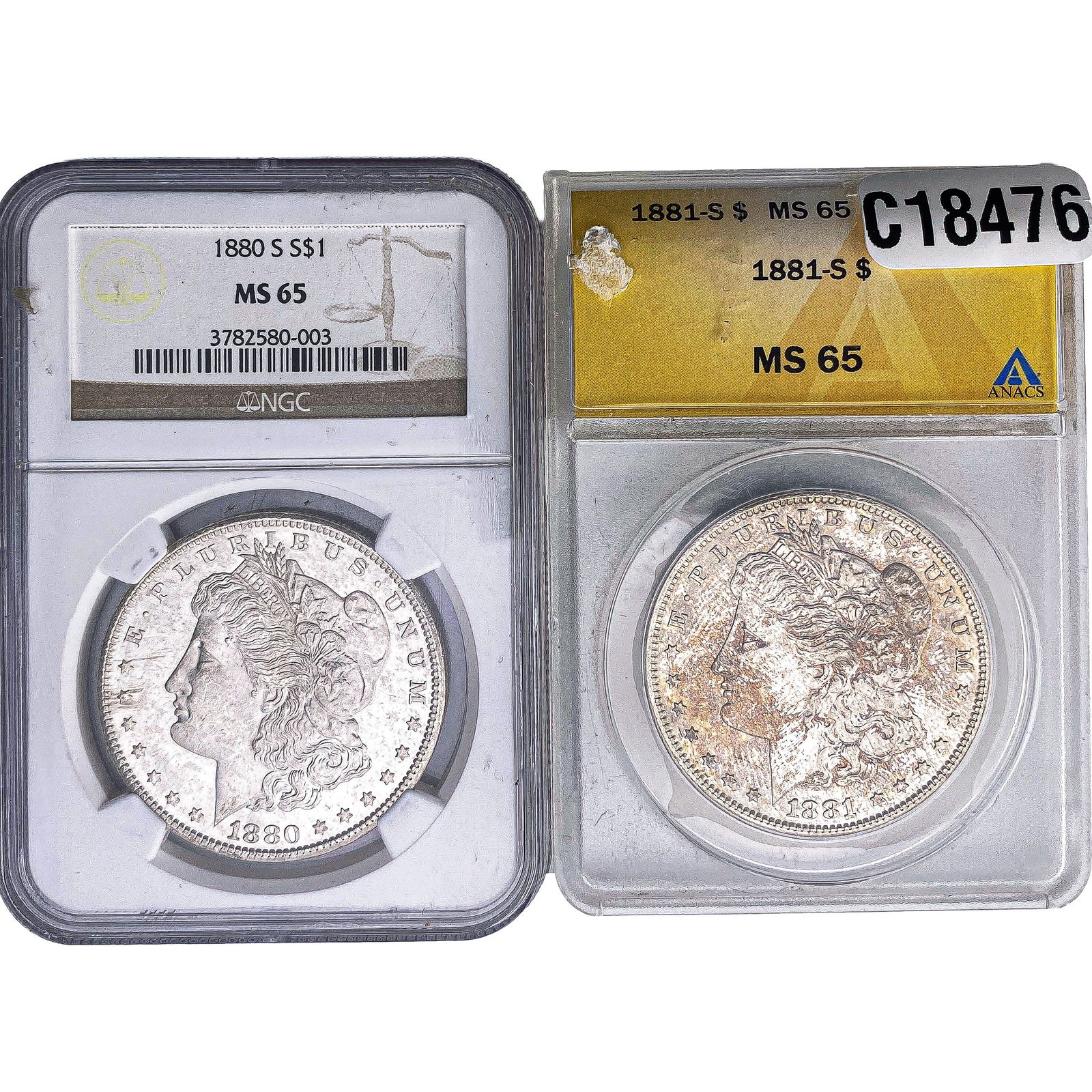 [2 Coins] 1880-1881 Morgan Silver Dollar ANACS/NGC MS65 (1 of 2)