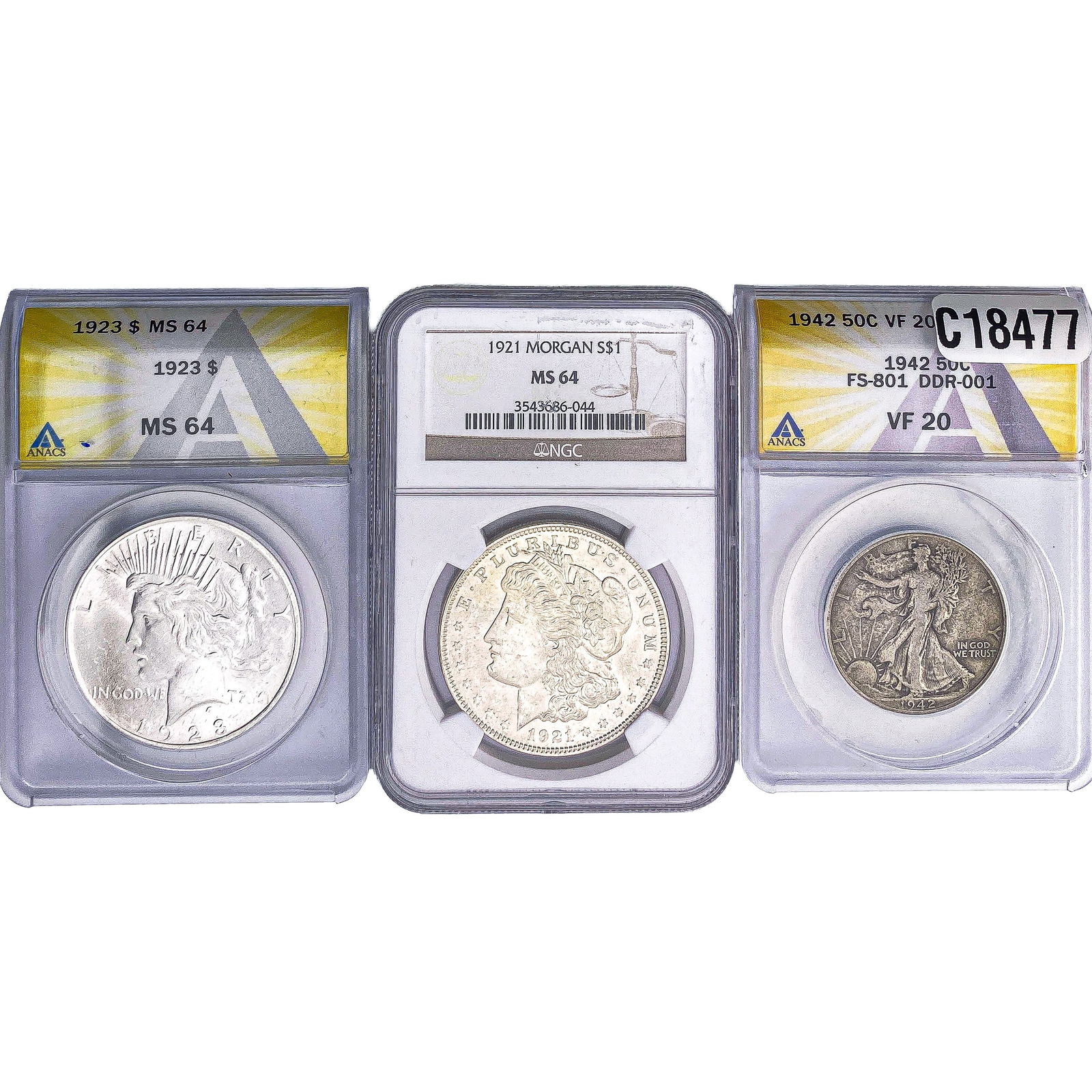 [3 Coins] 1921-1942 50C Waling Lib., Morgan & Peace $1 ANACS/NGC VF/MS20-64 (1 of 2)
