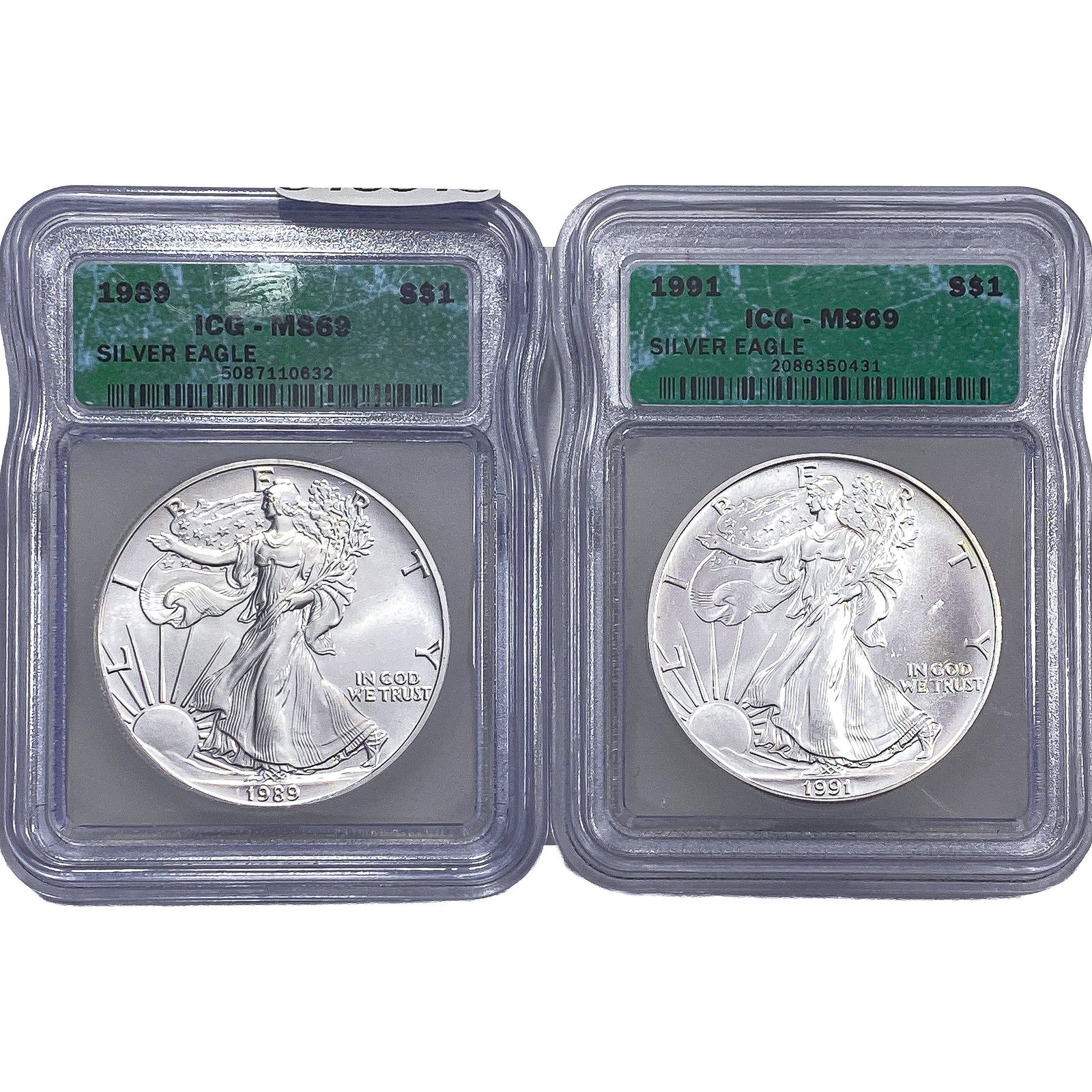 [2 Coins] 1989-1991 Silver Eagle ICG MS69: [2 Coins] 1989-1991 Silver Eagle ICG MS69