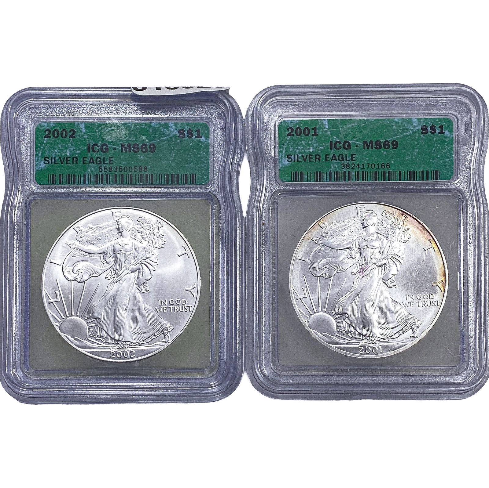 [2 Coins] 2001-2002 Silver Eagle ICG MS69 (1 of 2)
