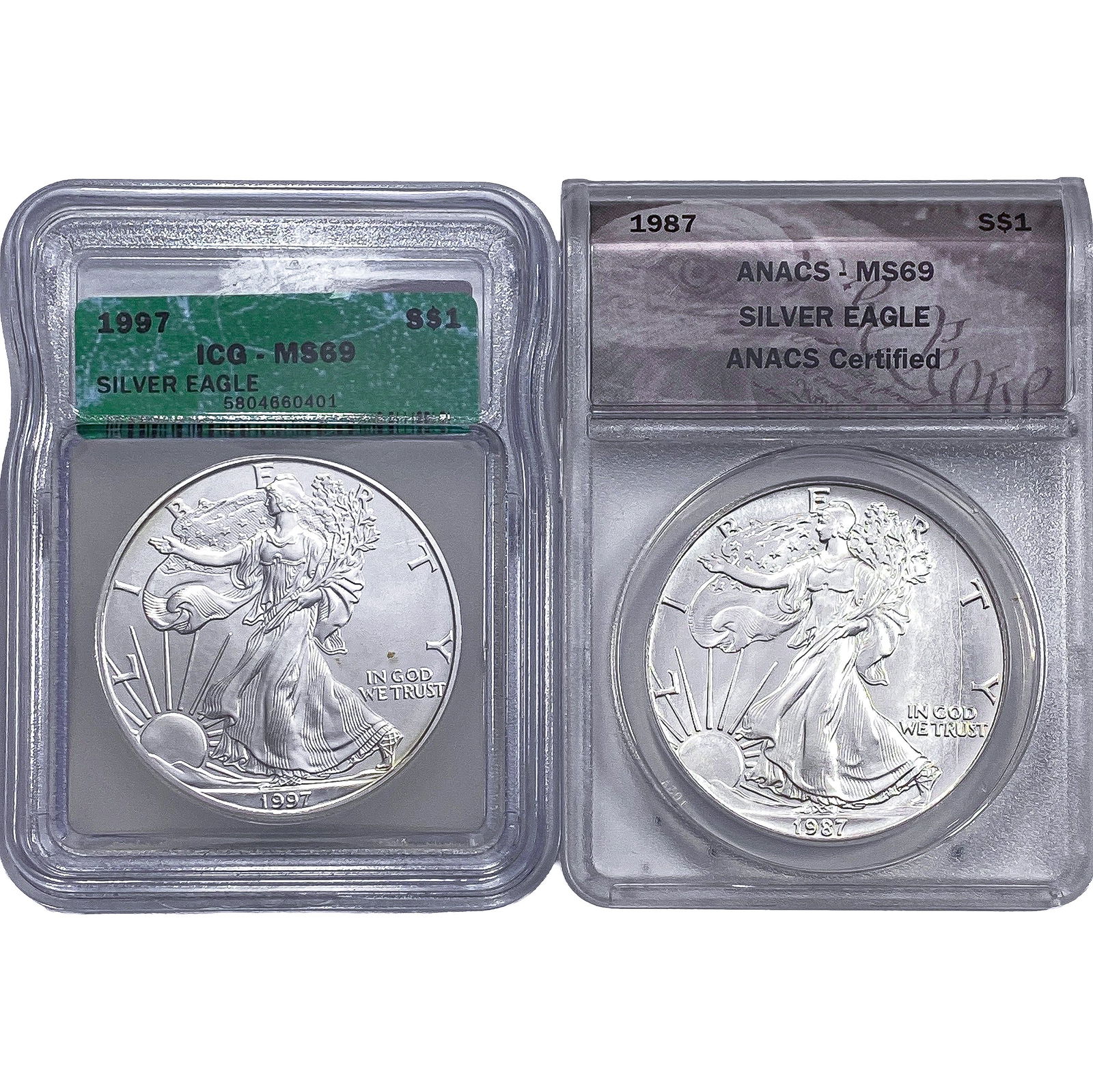 [2 Coins] 1987-1997 Silver Eagle ANACS/ICG MS69: [2 Coins] 1987-1997 Silver Eagle ANACS/ICG MS69