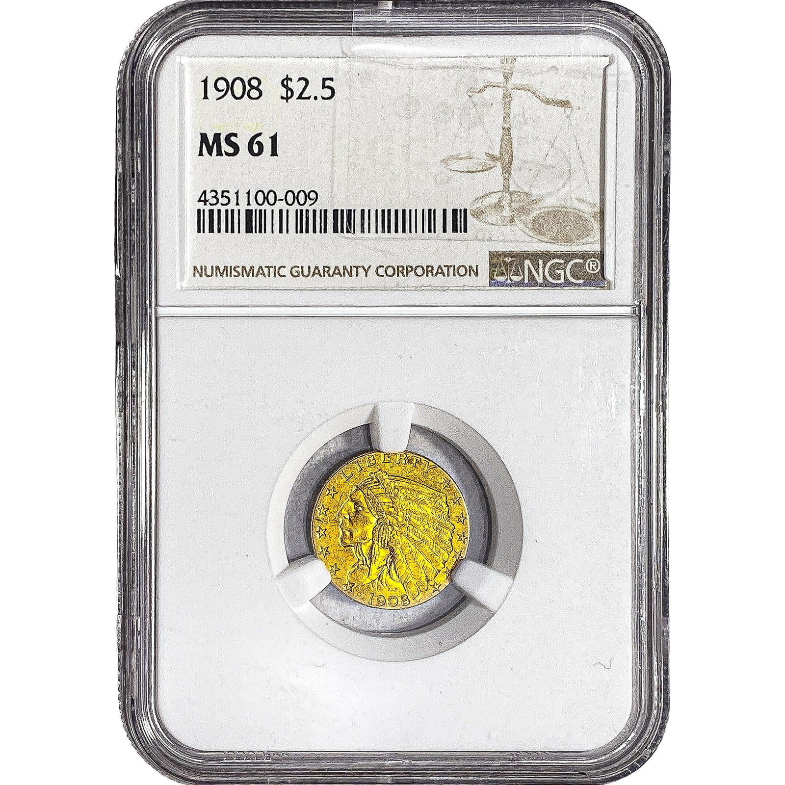 1908 $2.50 Gold Quarter Eagle NGC MS61: 1908 $2.50 Gold Quarter Eagle NGC MS61