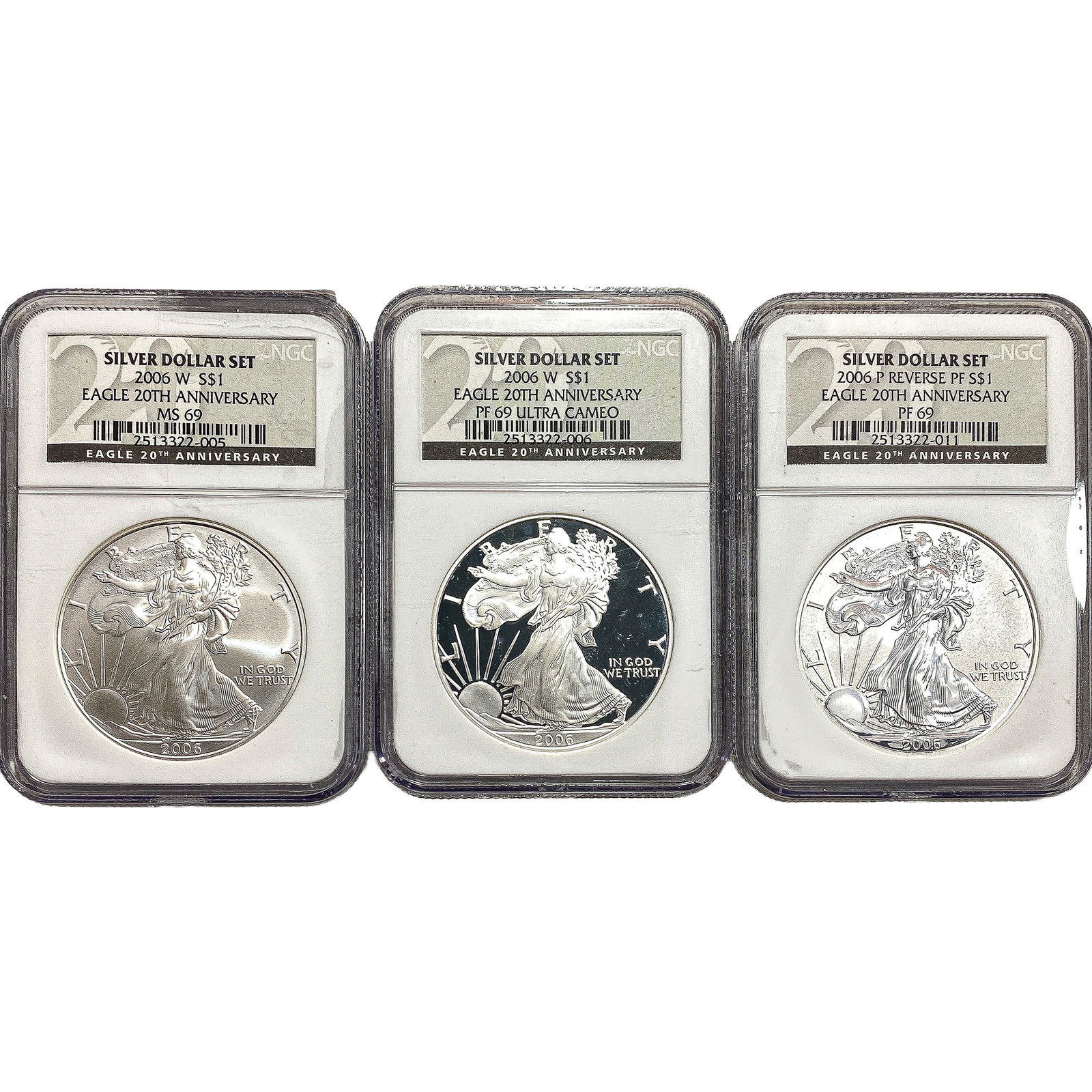 [3 Coins] 2006 Silver Eagle NGC MS69/PF69 20th Ann. (1 of 2)