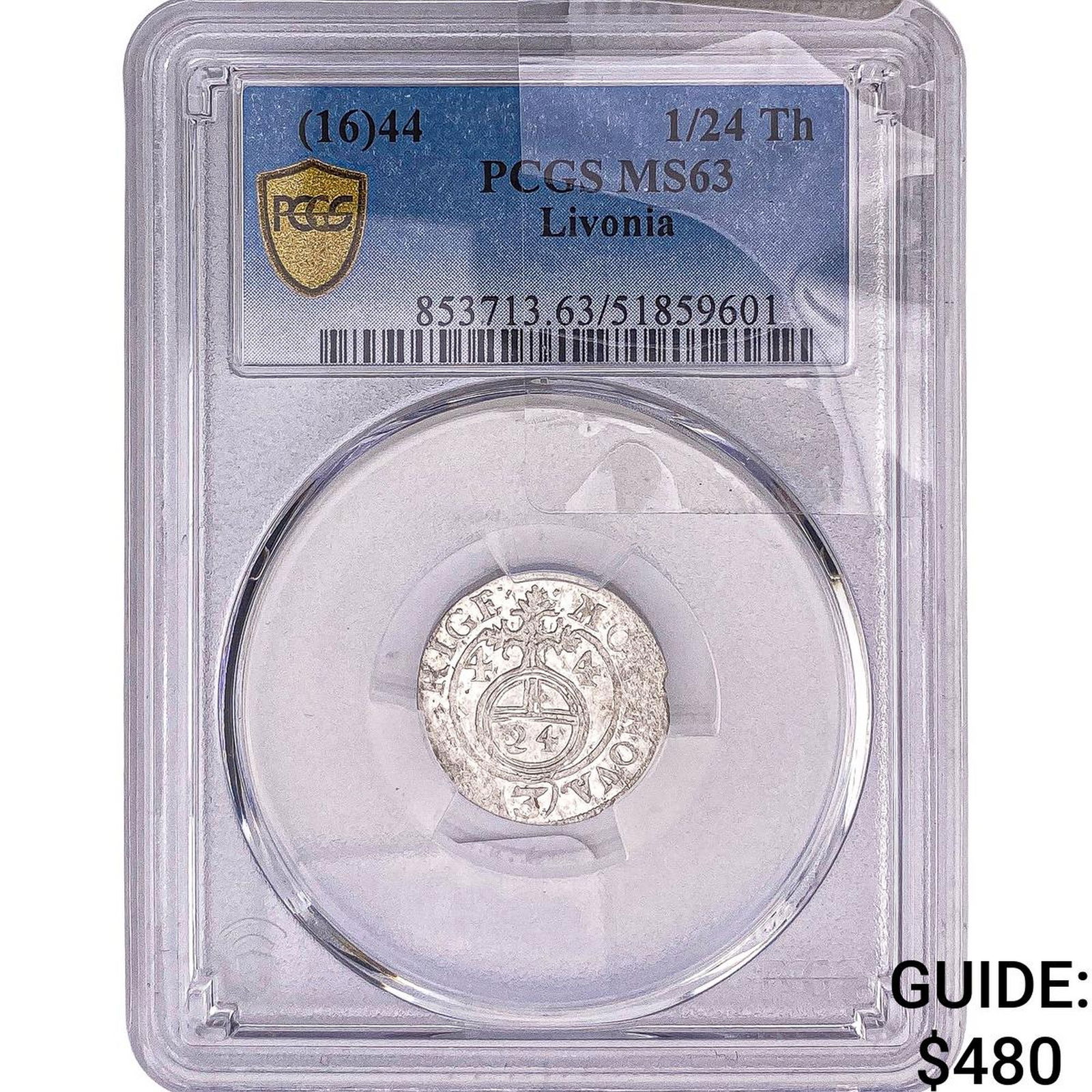 1644 Livonia Silver 1/24th Thaler PCGS MS63: 1644 Livonia Silver 1/24th Thaler PCGS MS63