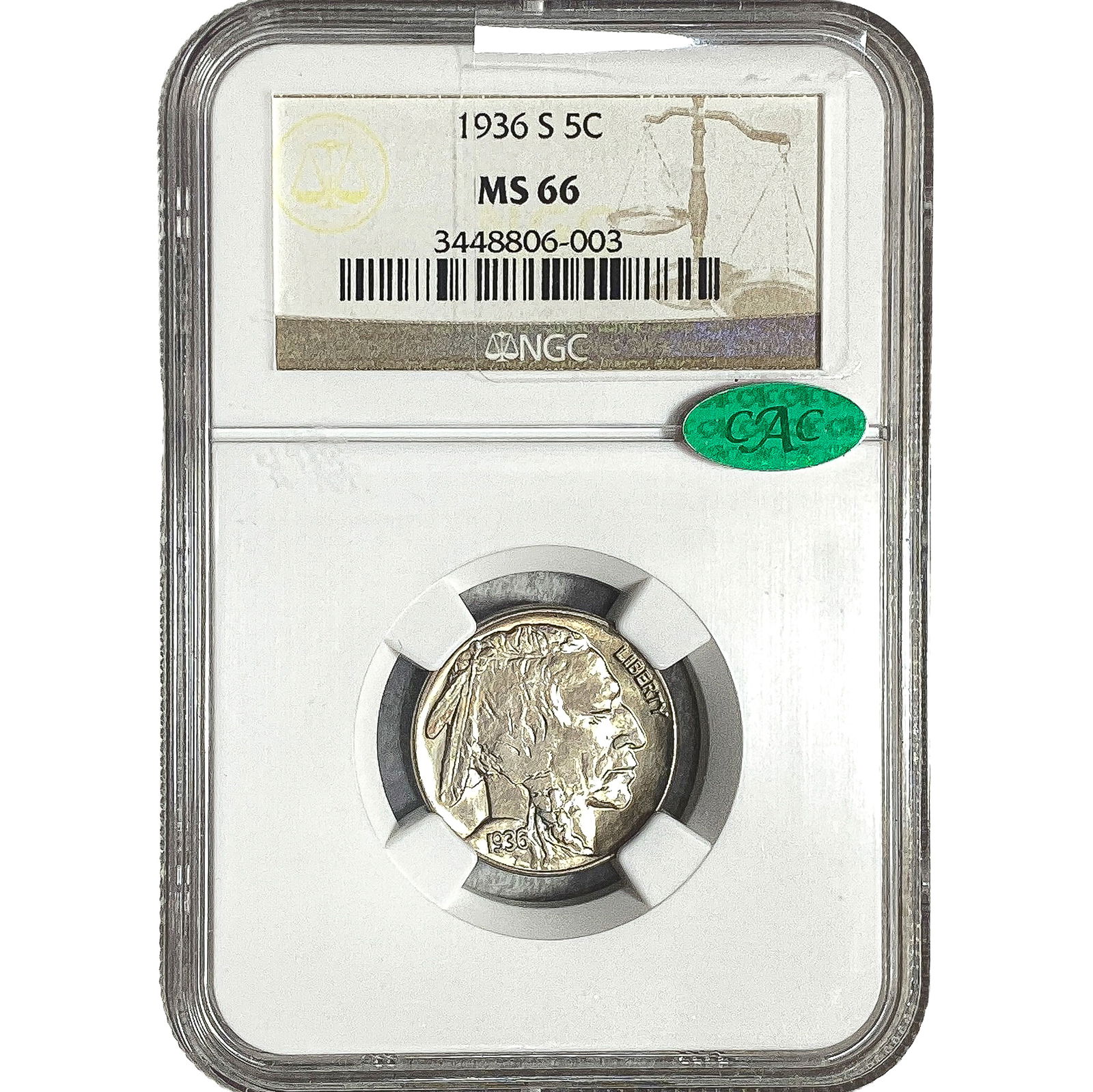 1936-S CAC Buffalo Nickel NGC MS66: 1936-S CAC Buffalo Nickel NGC MS66